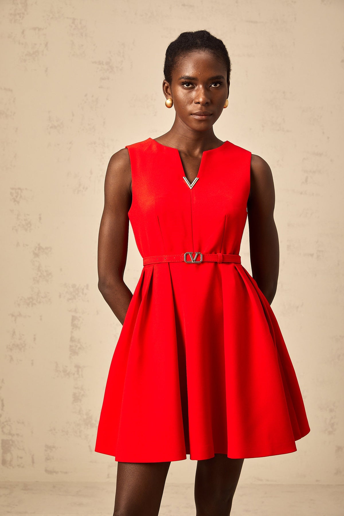 Quiana red split-neck cinched-waist mini dress (Final Sale)