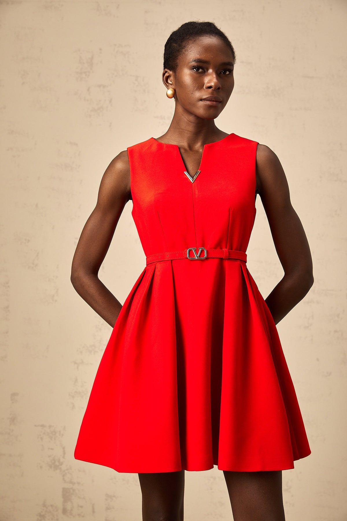 Quiana red split-neck cinched-waist mini dress