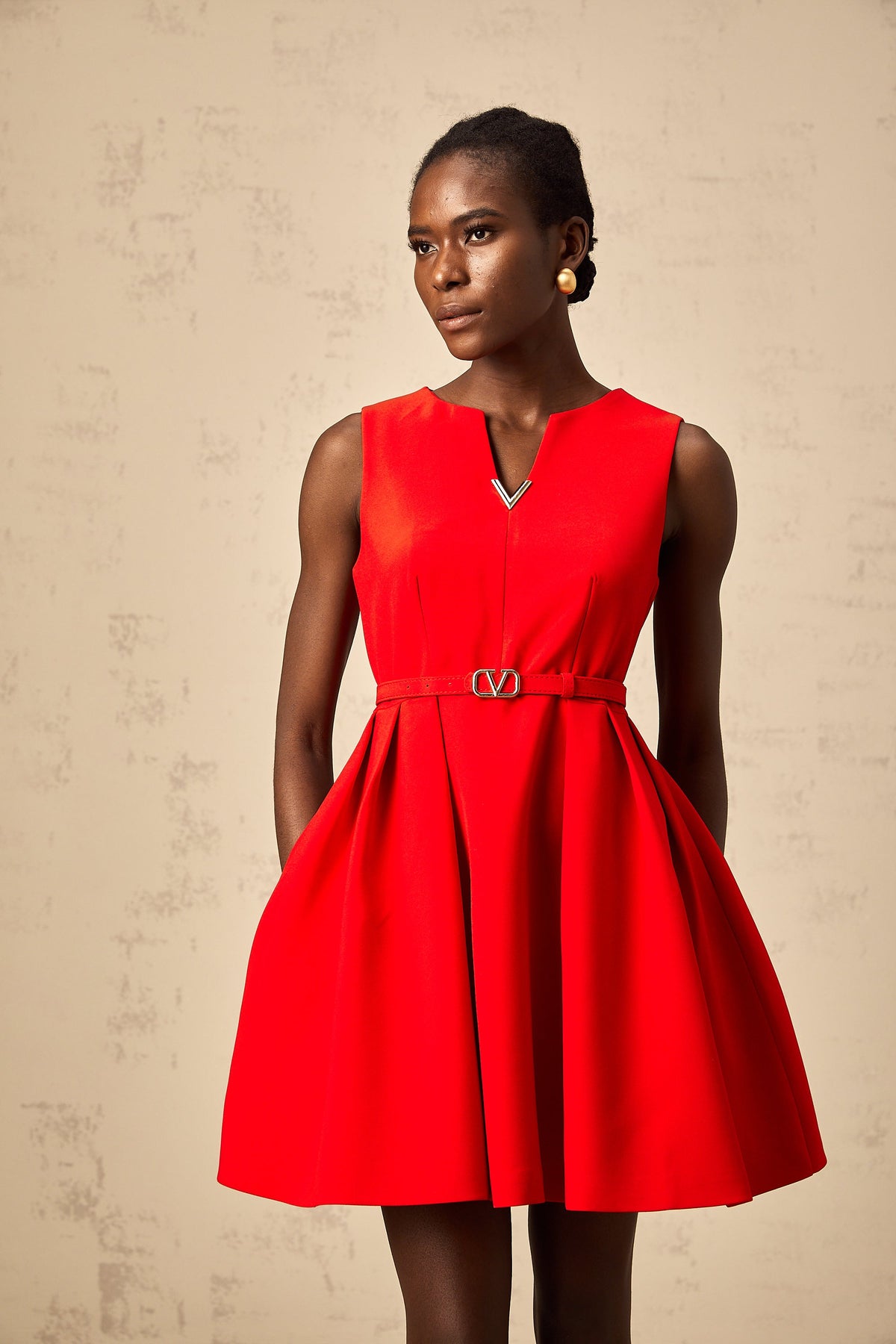 Quiana red split-neck cinched-waist mini dress