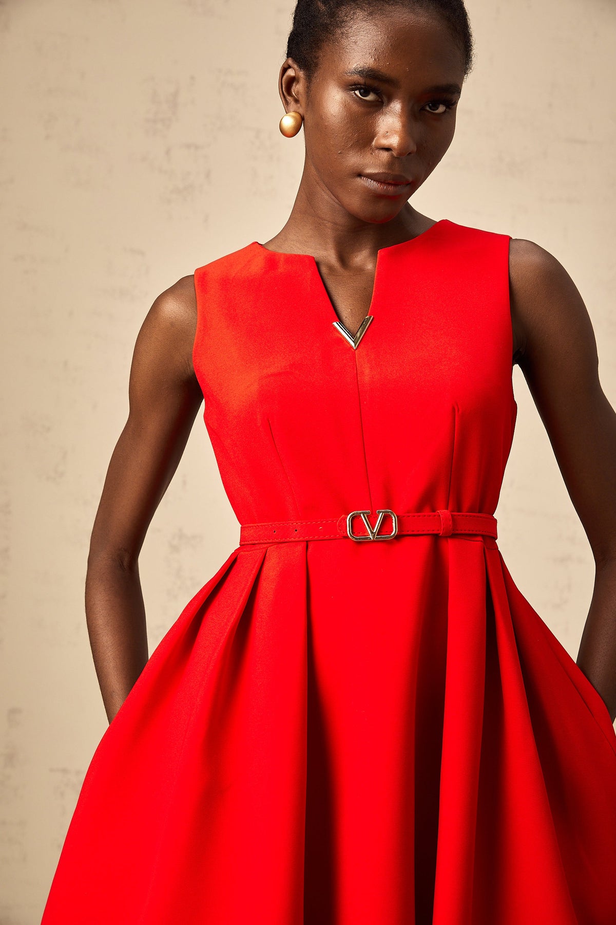 Quiana red split-neck cinched-waist mini dress