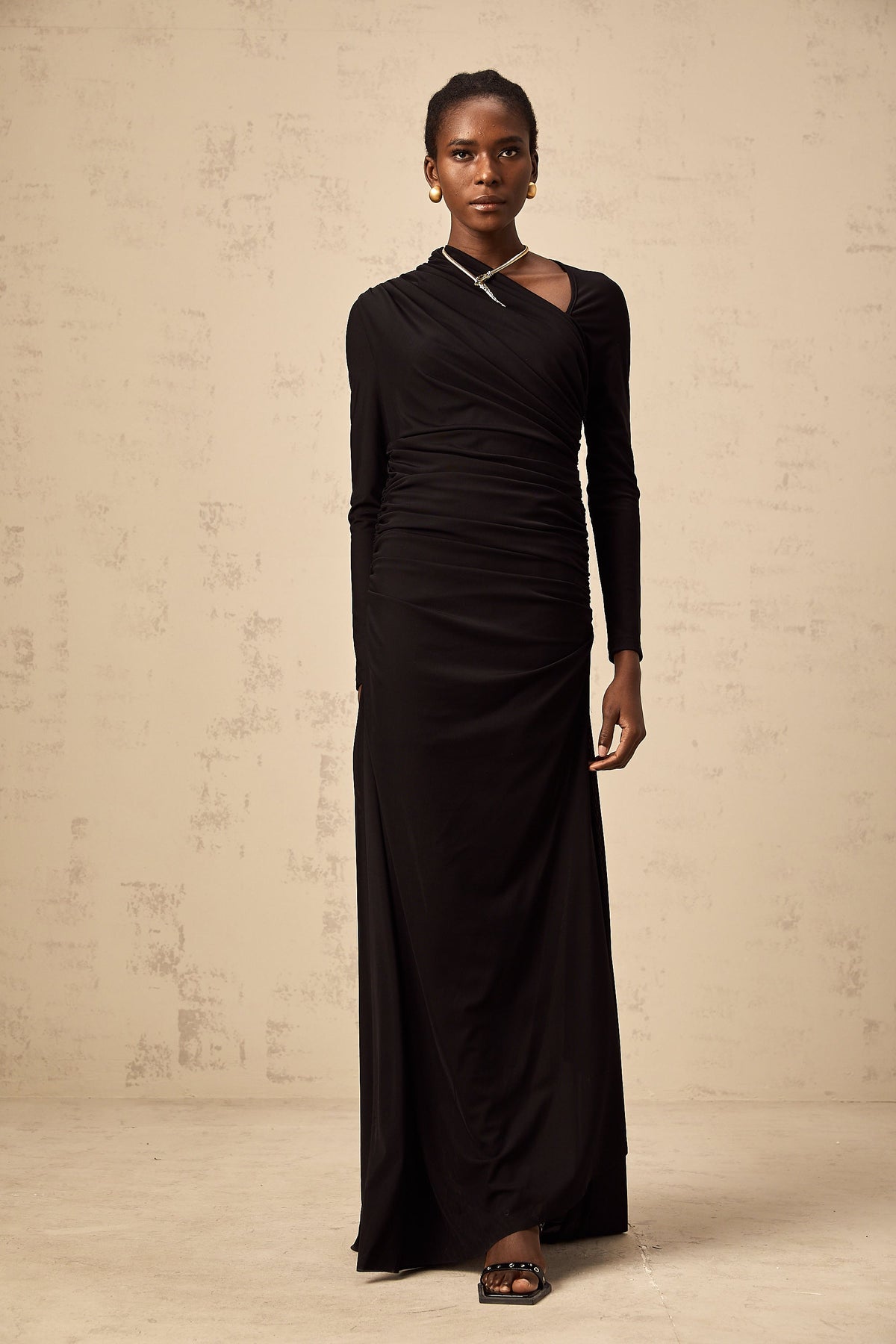 Natalie black cut-out asymmetrical tulle maxi dress