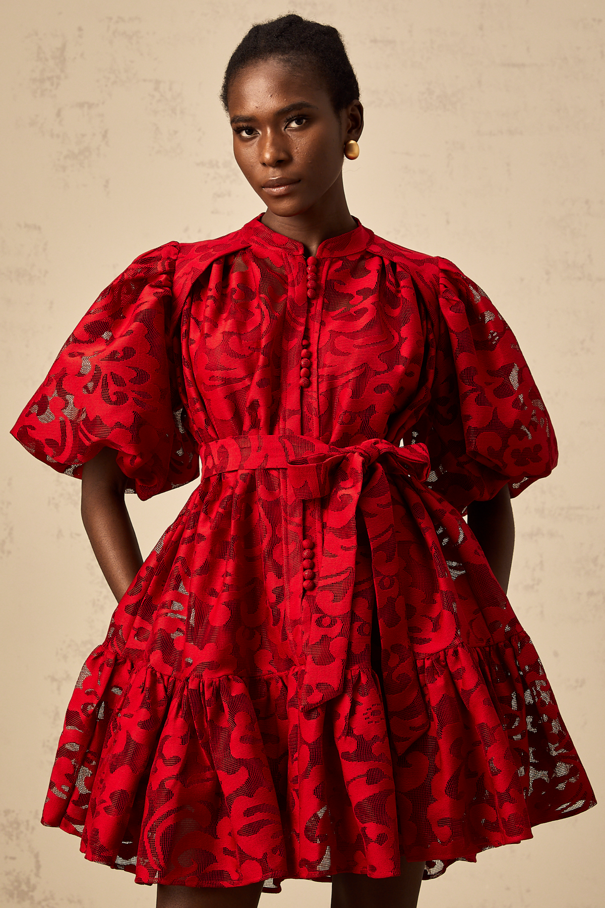 AthÉnaÏs red jacquard semi-sheer mini dress
