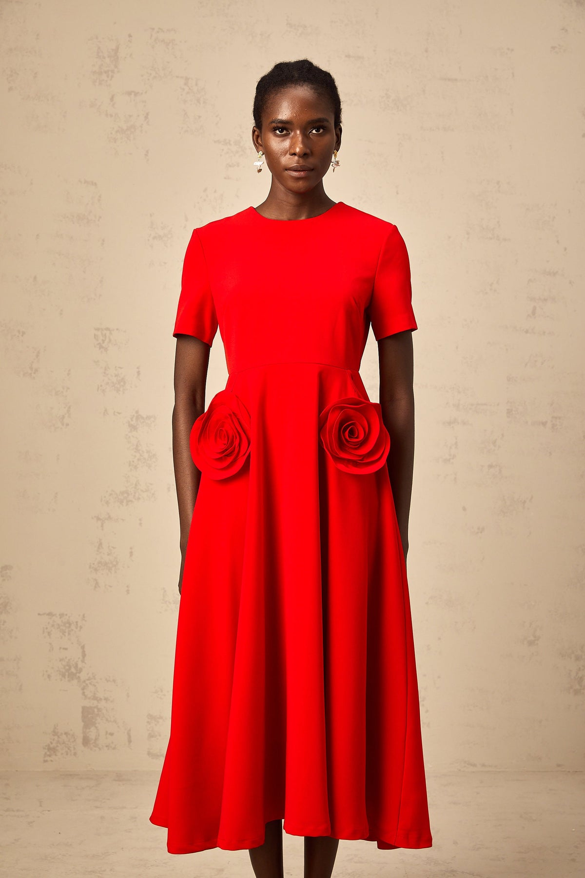 Isolde red floral-appliqué midi dress