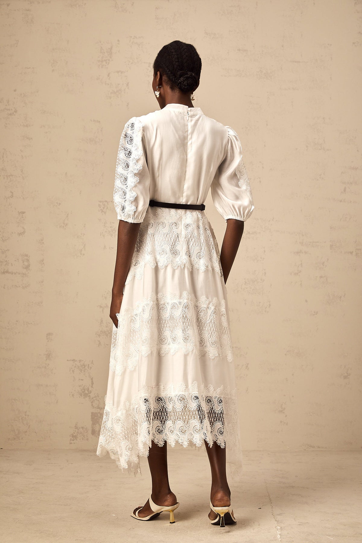 Tamara white belted lace-trim panelled midi dress