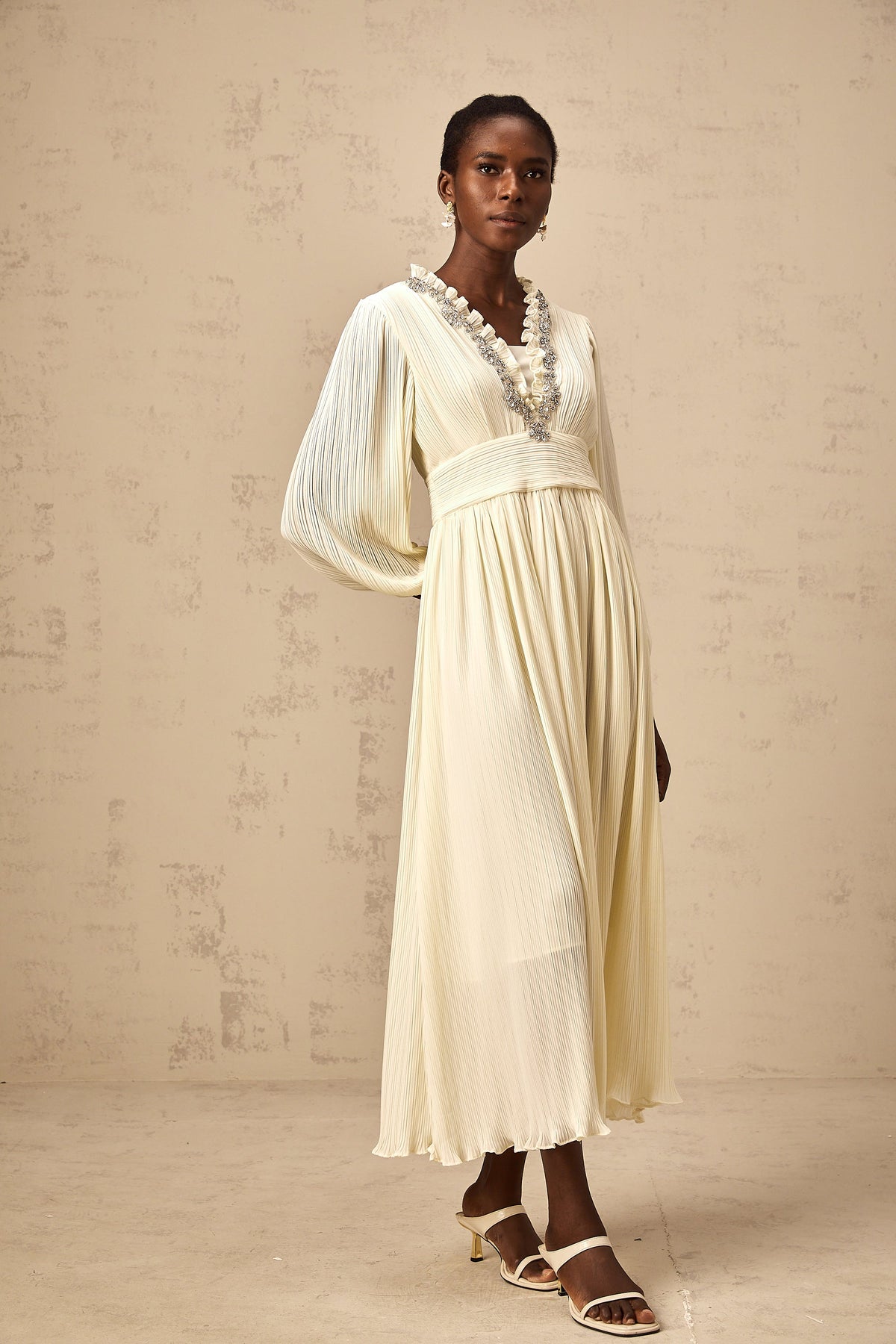 Yana white crystal-trim pleated midi dress (Final Sale-US Only)