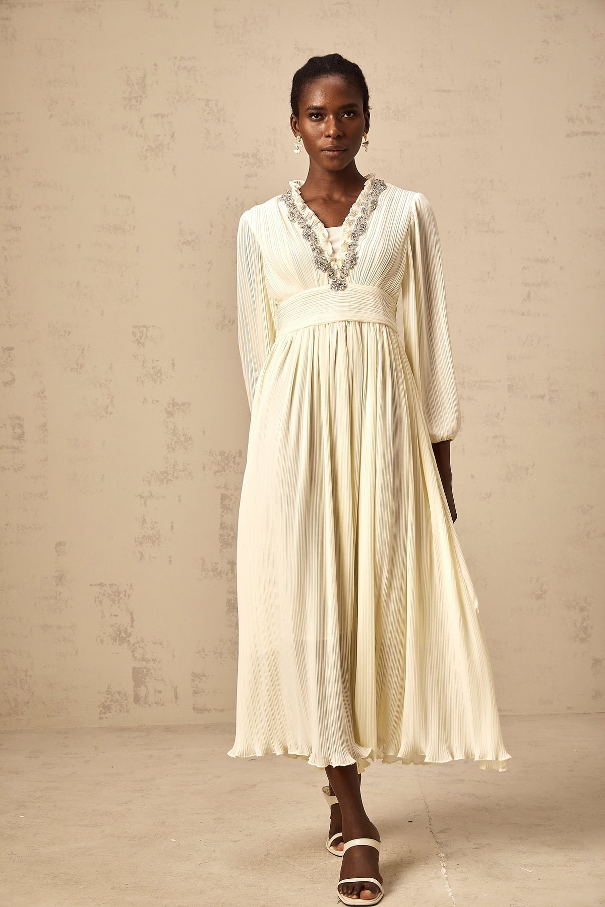Yana white crystal-trim pleated midi dress (Final Sale-US Only)