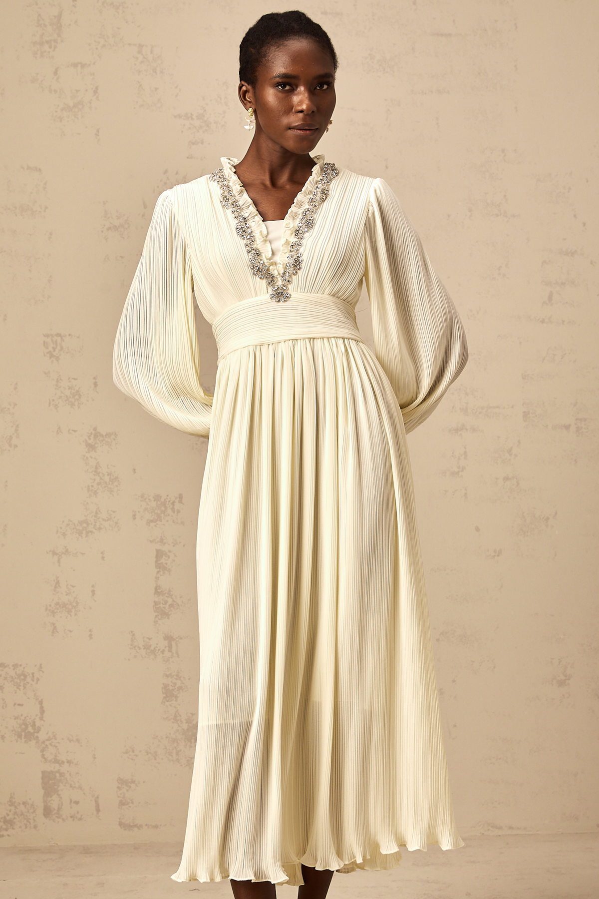 Yana white crystal-trim pleated midi dress