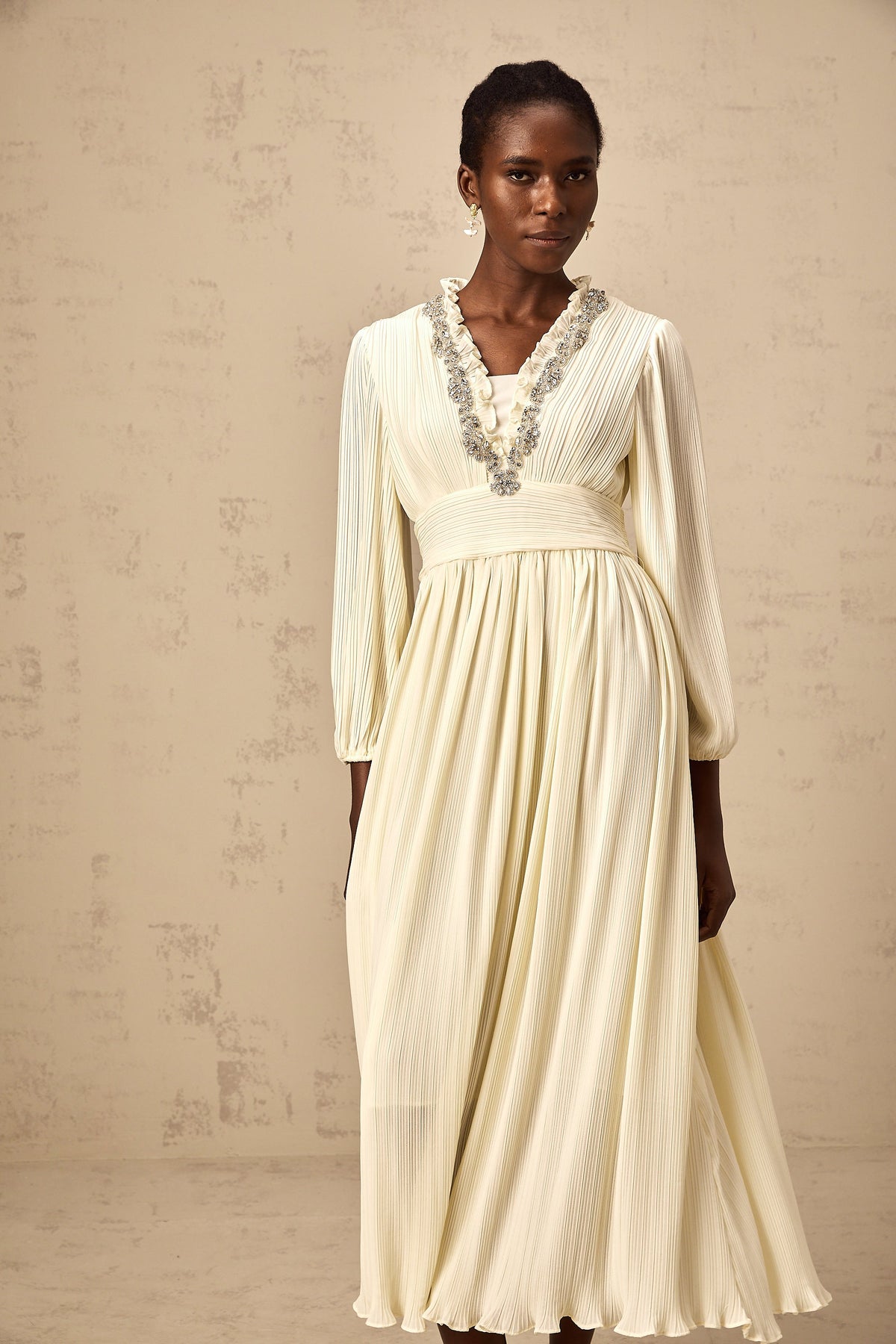 Yana white crystal-trim pleated midi dress (Final Sale-US Only)