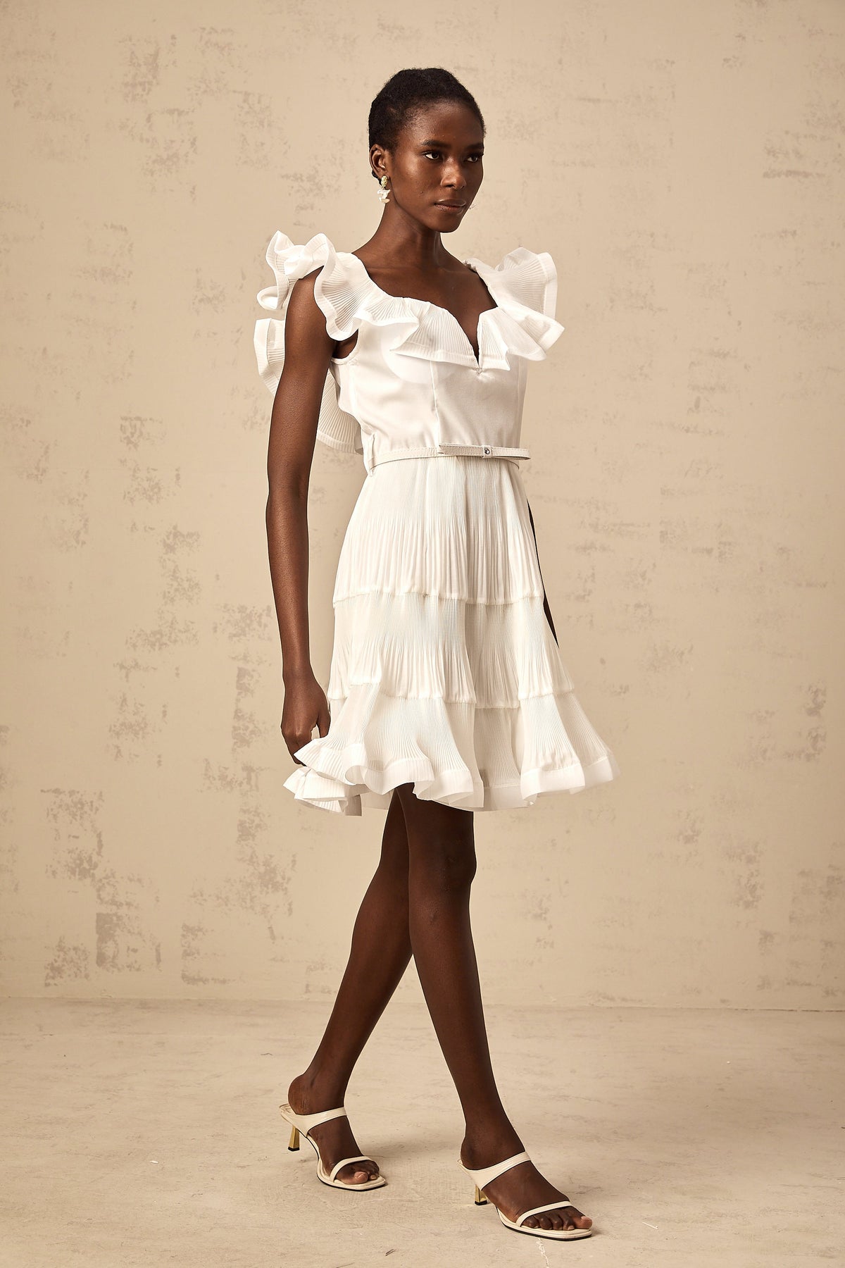 Éliane white frilled neckline pleated mini dress (Final Sale-US Only)
