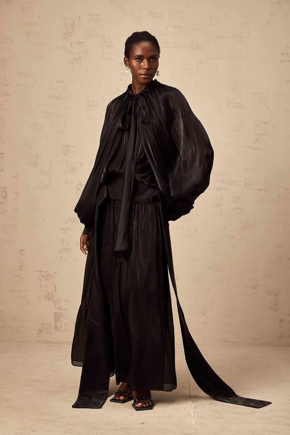 Mila pleated satin maxi dress in Black