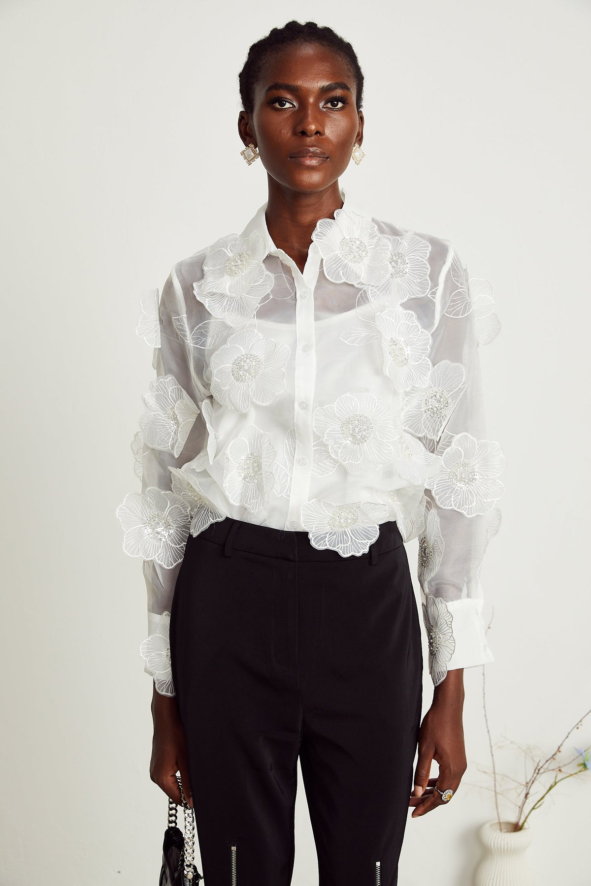 Béatrix white embellished semi-sheer shirt