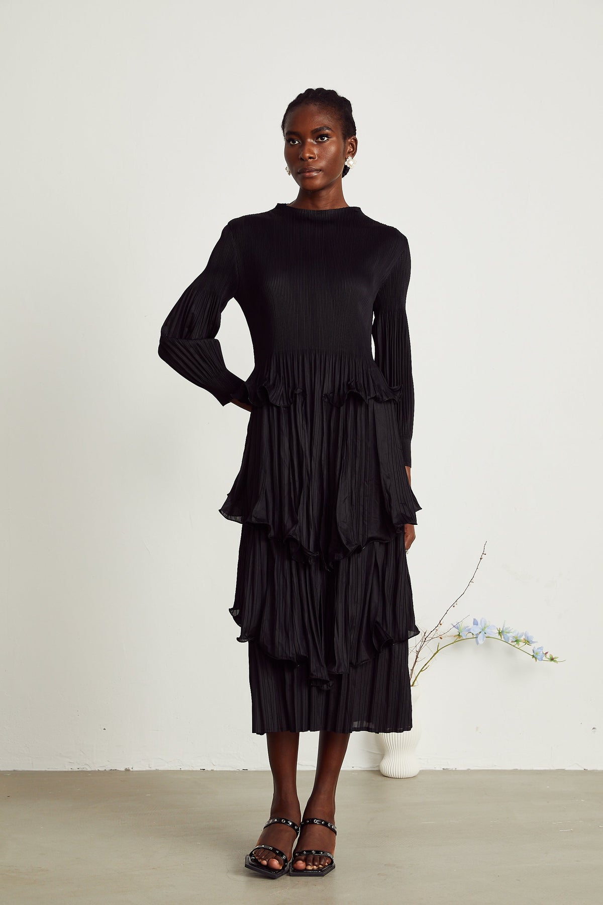 Brianna black tiered pleated midi dress (Final Sale-US Only)