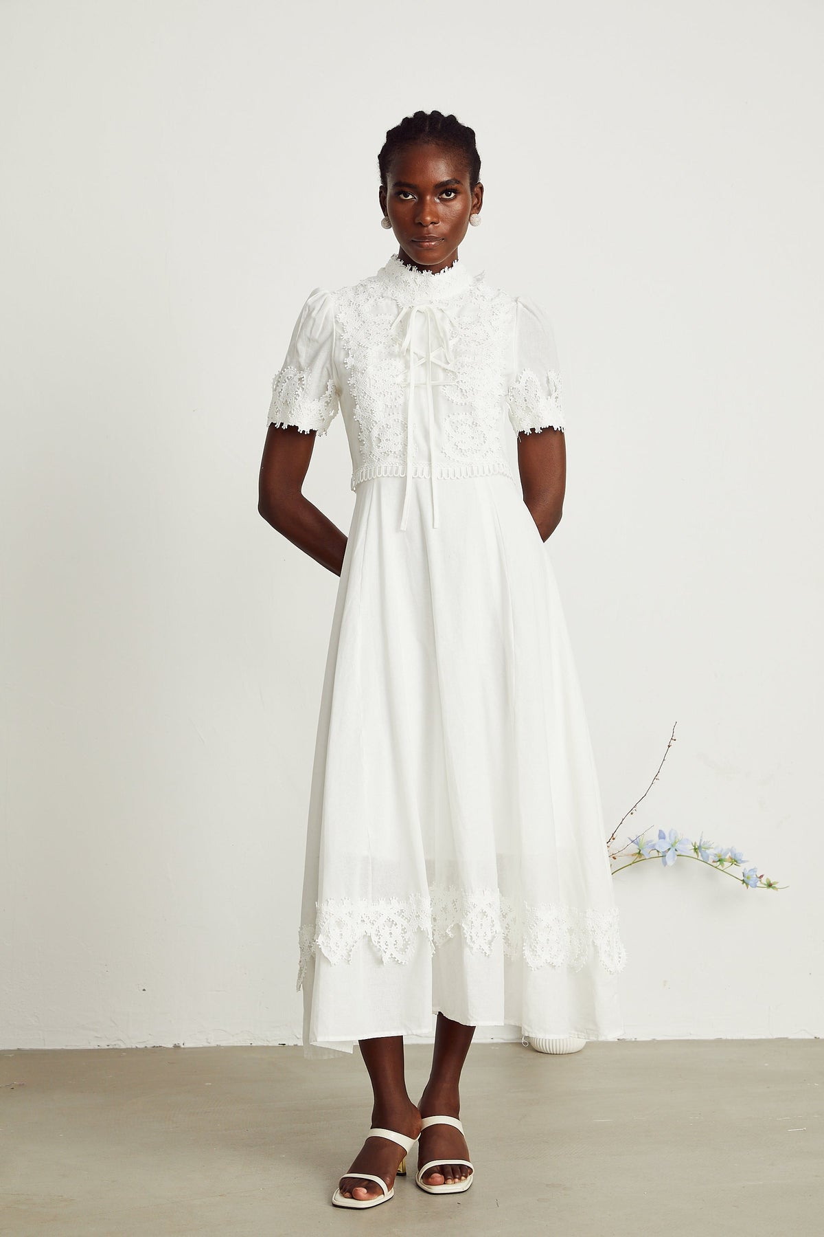 Patricia white floral-lace midi dress