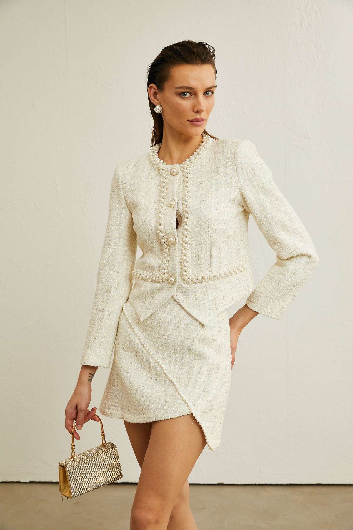 Manon faux-pearl asymmetrical jacket & skirt matching set (Final Sale)