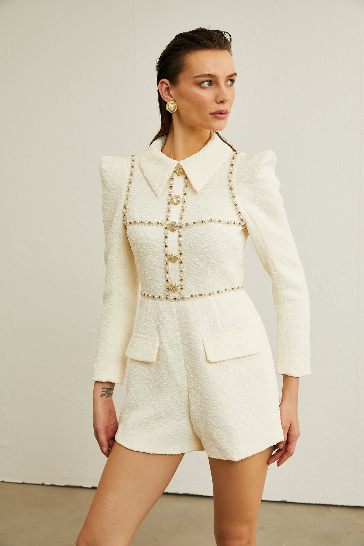 Irina faux-pearl tweed bodysuit