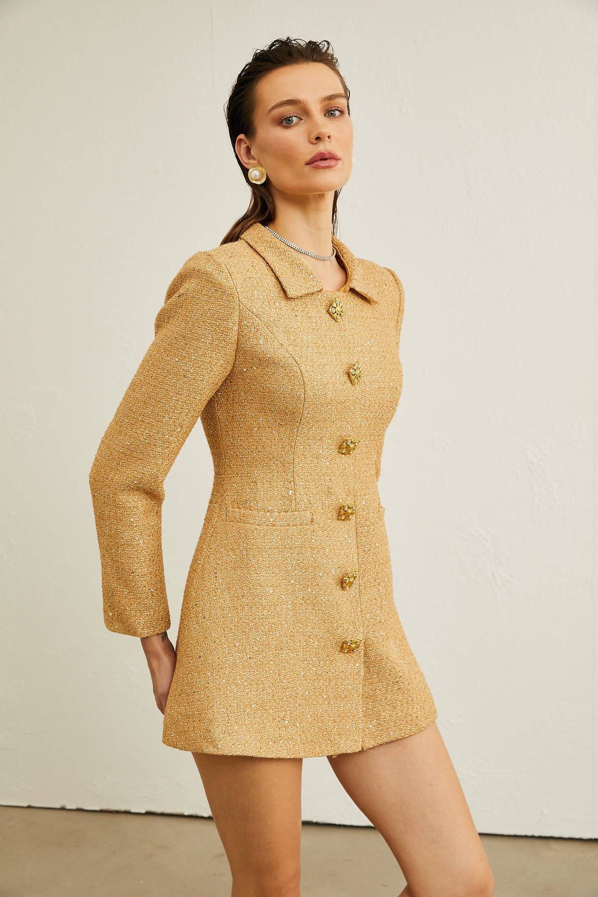 Morgane tweed long-sleeve mini dress - Gold