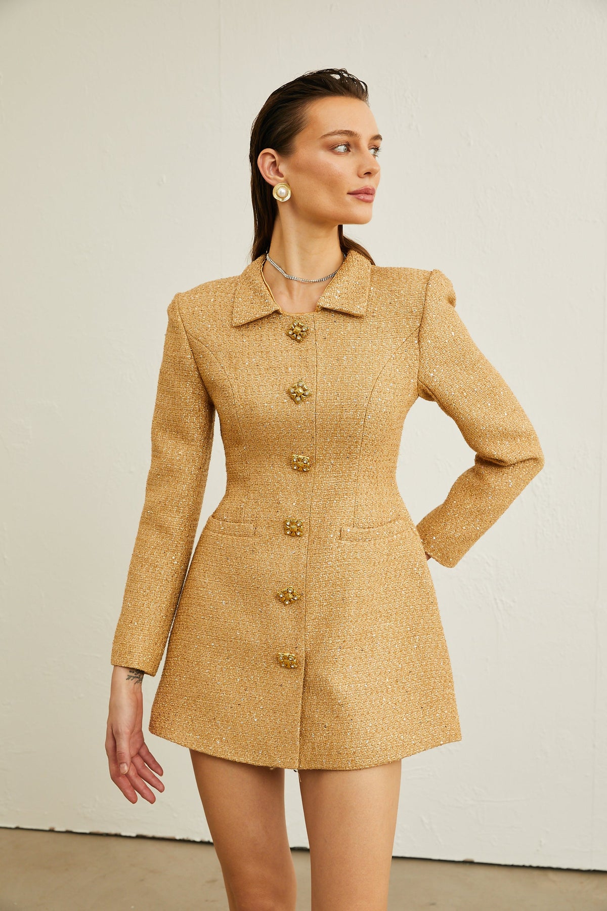 Morgane tweed long-sleeve mini dress - Gold