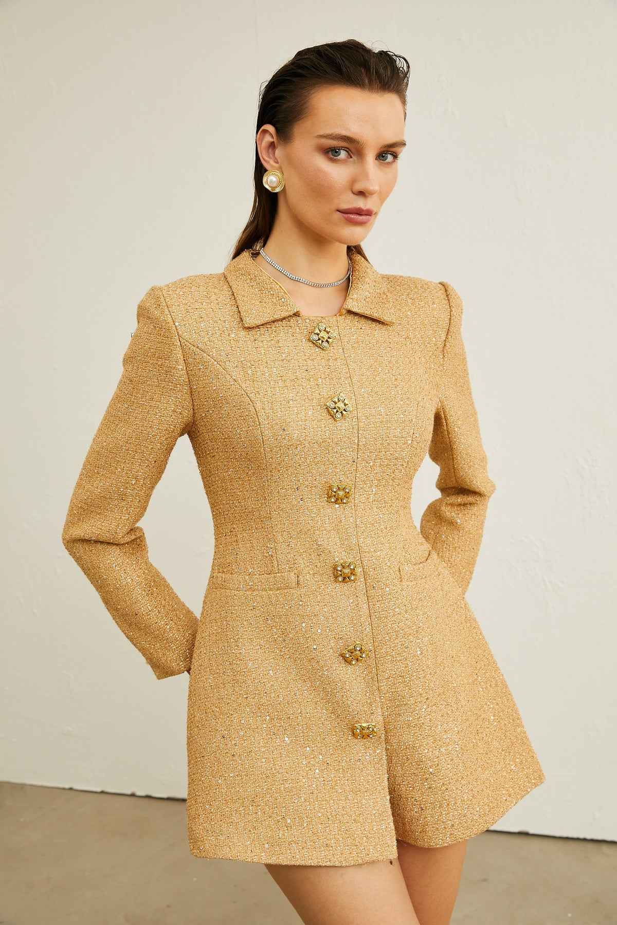 Morgane tweed long-sleeve mini dress - Gold
