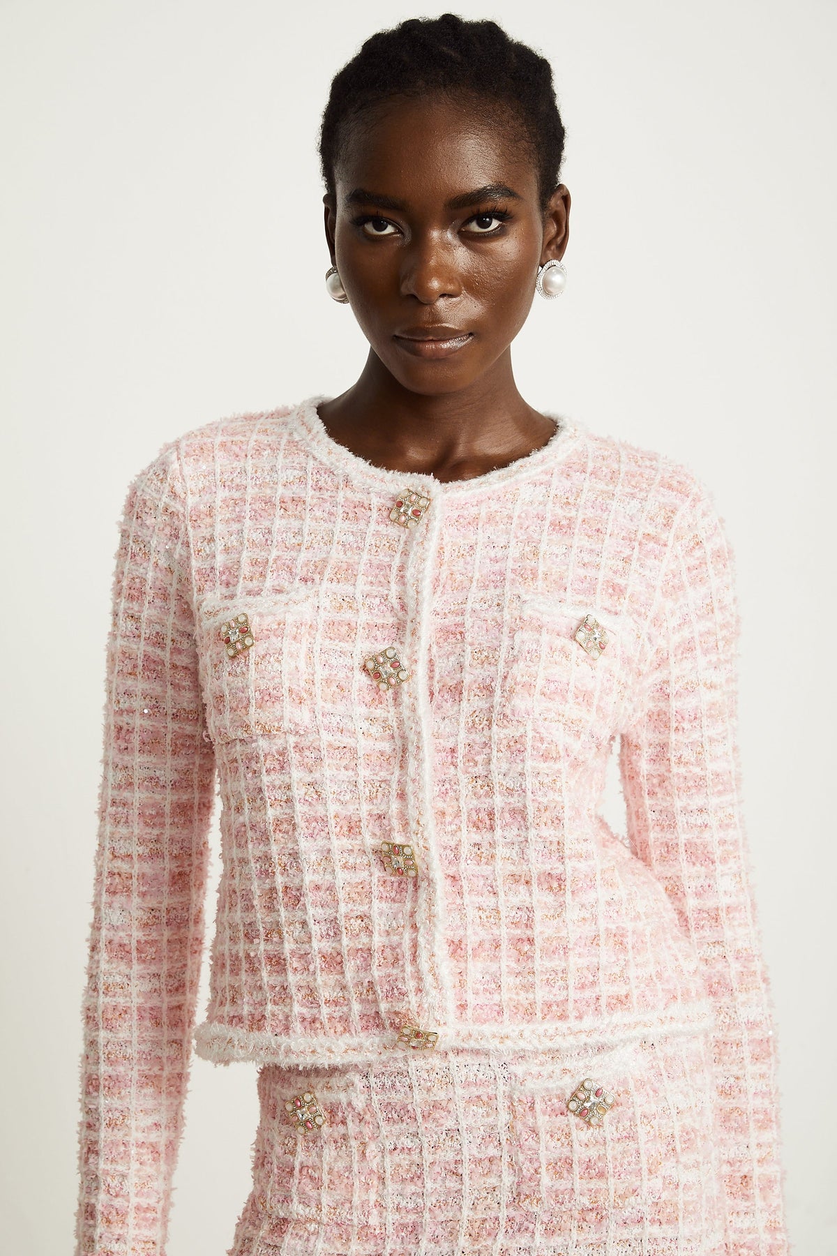 Capucine pink check-pattern cardigan & skirt matching set