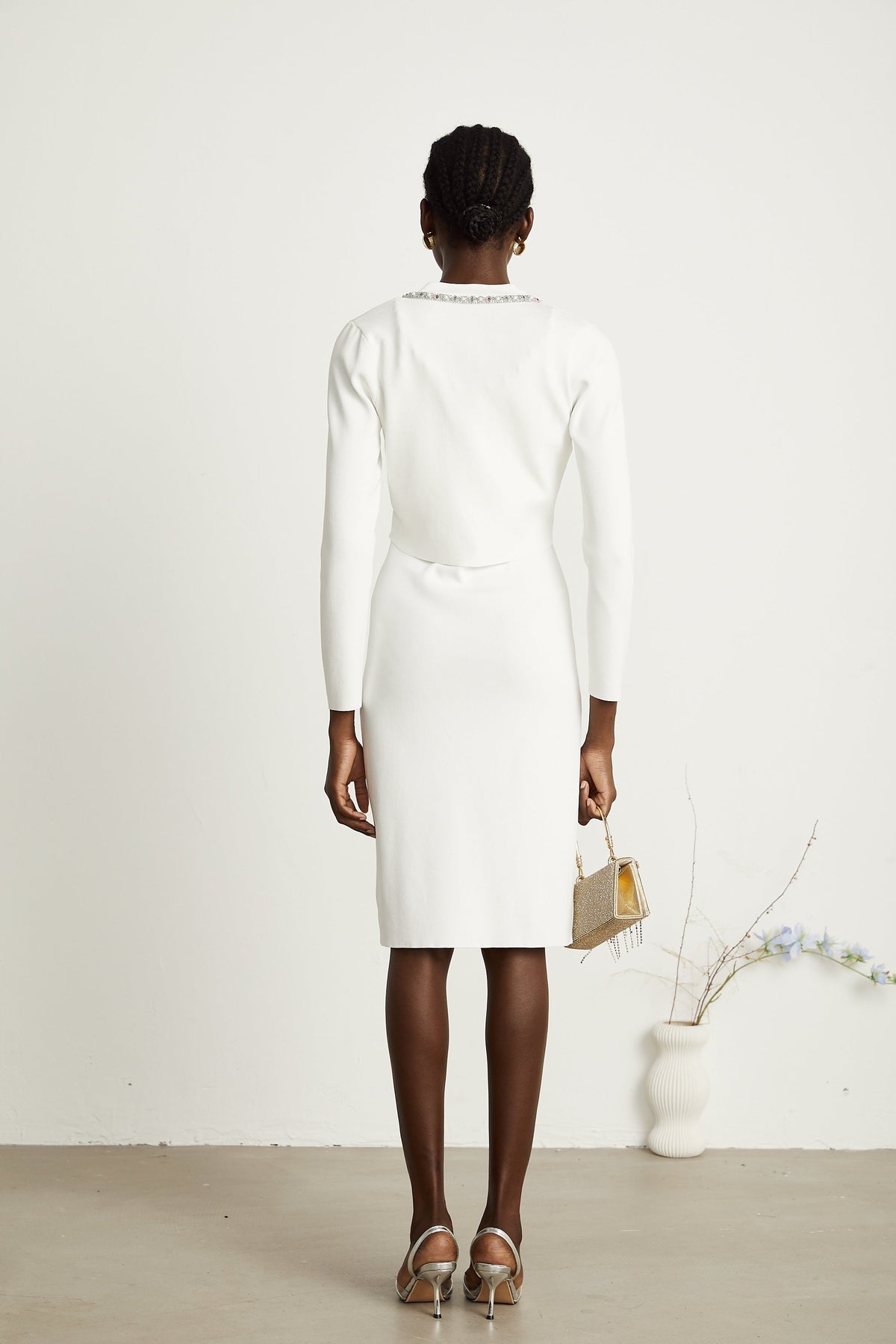 Blanche white bead-embellished cardigan & dress matching set
