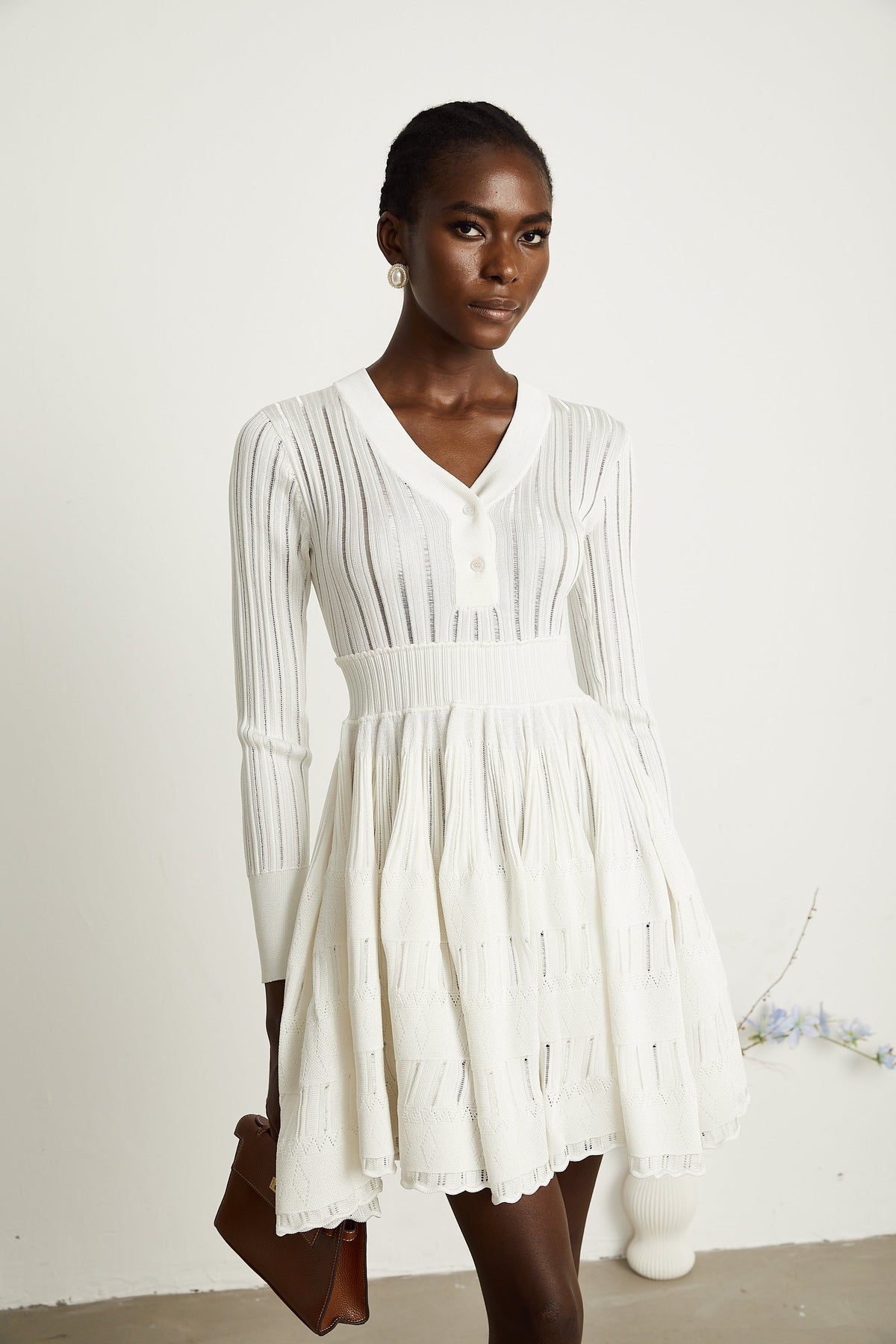 Géraldine white pointelle-knit midi dress