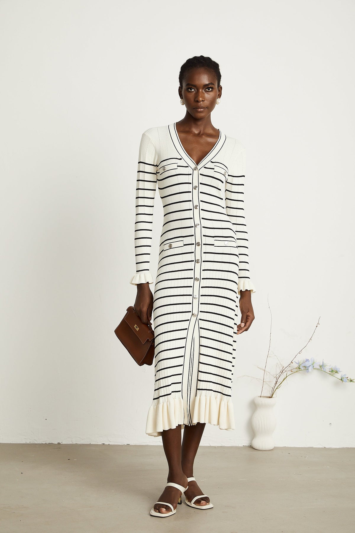 Liana white striped fluted-hem midi dress