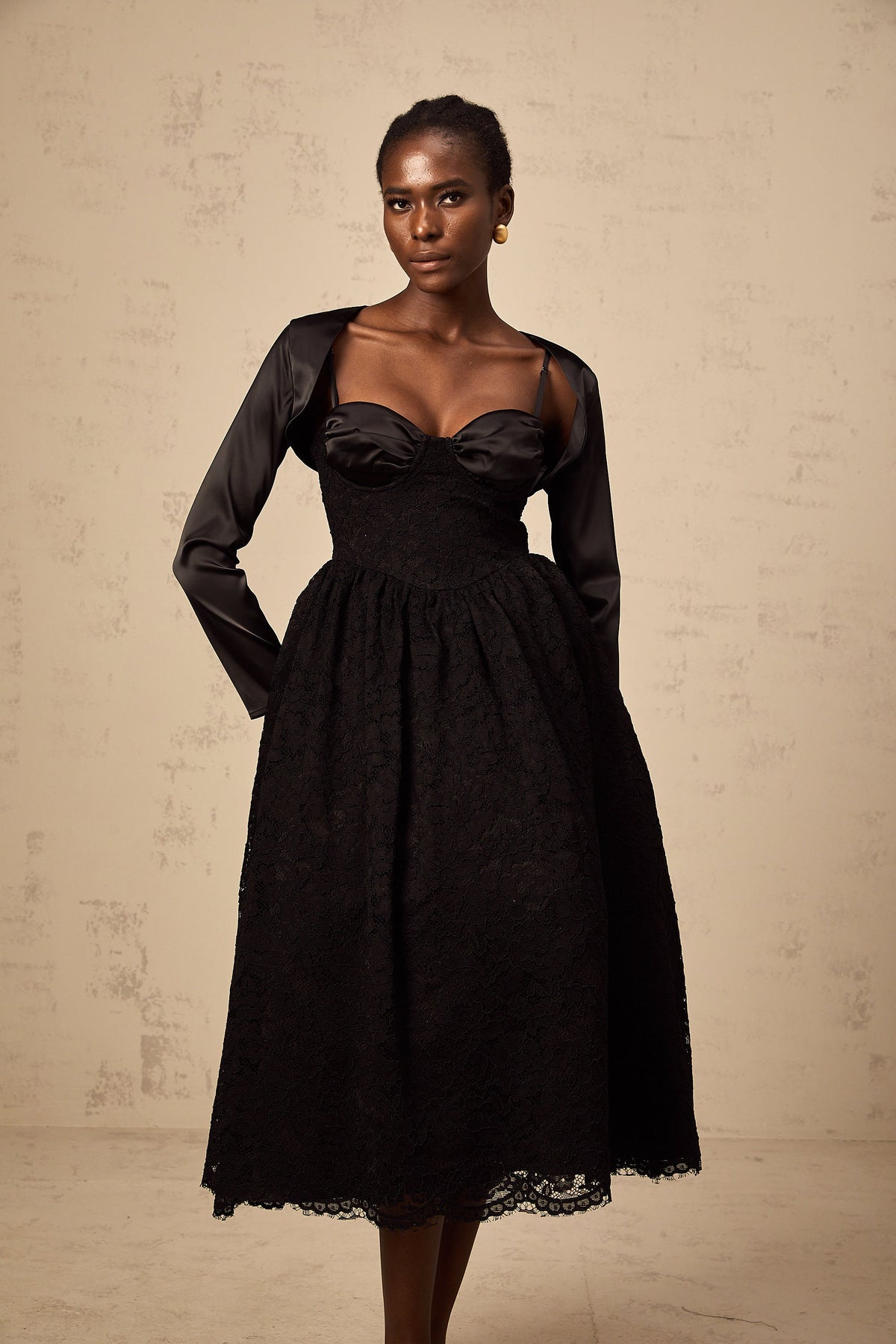 Sidonie black floral-lace top & dress matching set