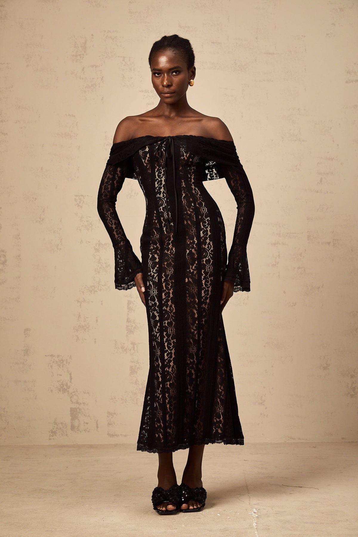 Émeline floral lace flared-cuff midi dress in Black (Final Sale-US Only)