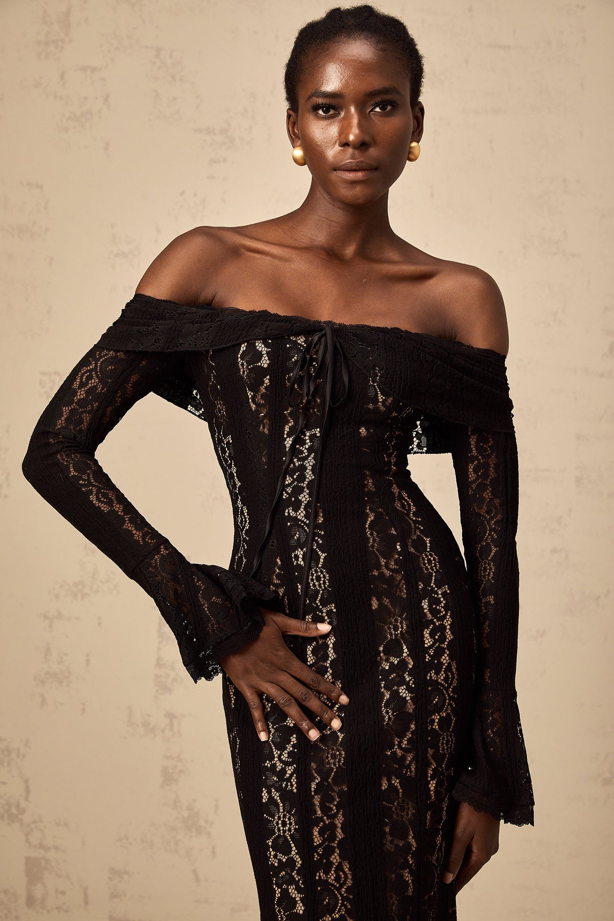Émeline floral lace flared-cuff midi dress in Black (Final Sale-US Only)