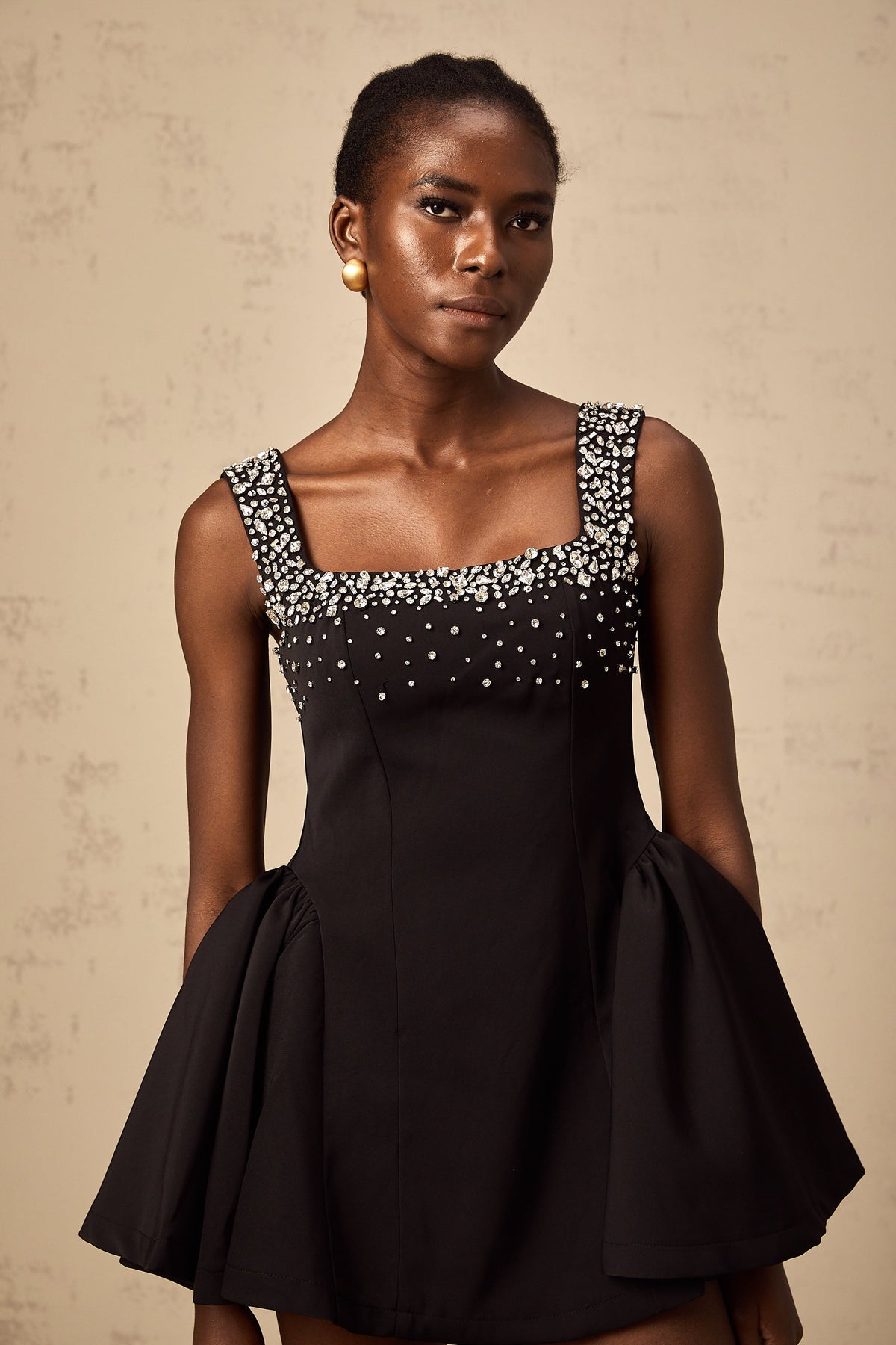 Mélanie black crystal-embellished flared mini dress