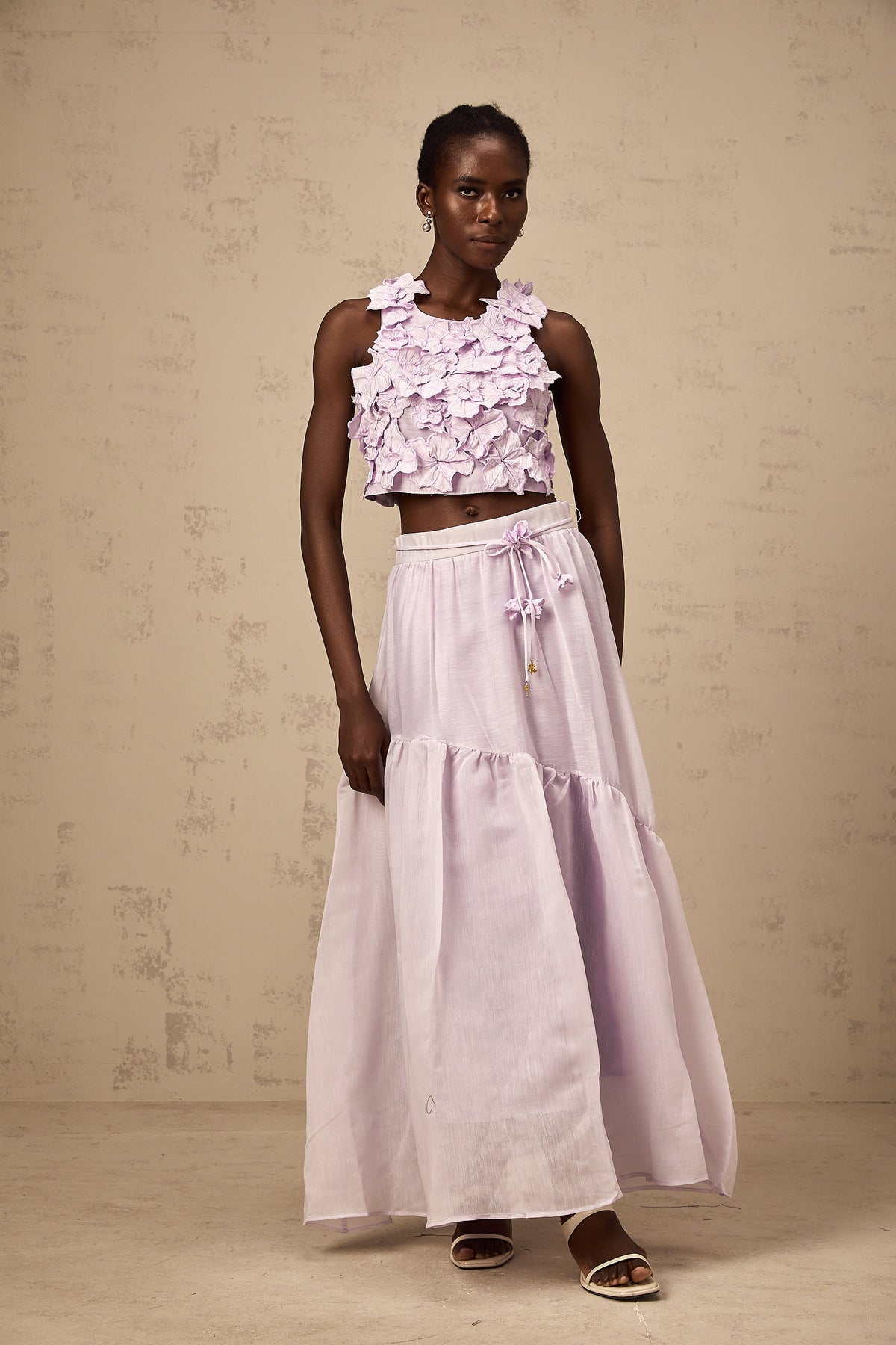 Eléa purple faux-flower top & skirt matching set