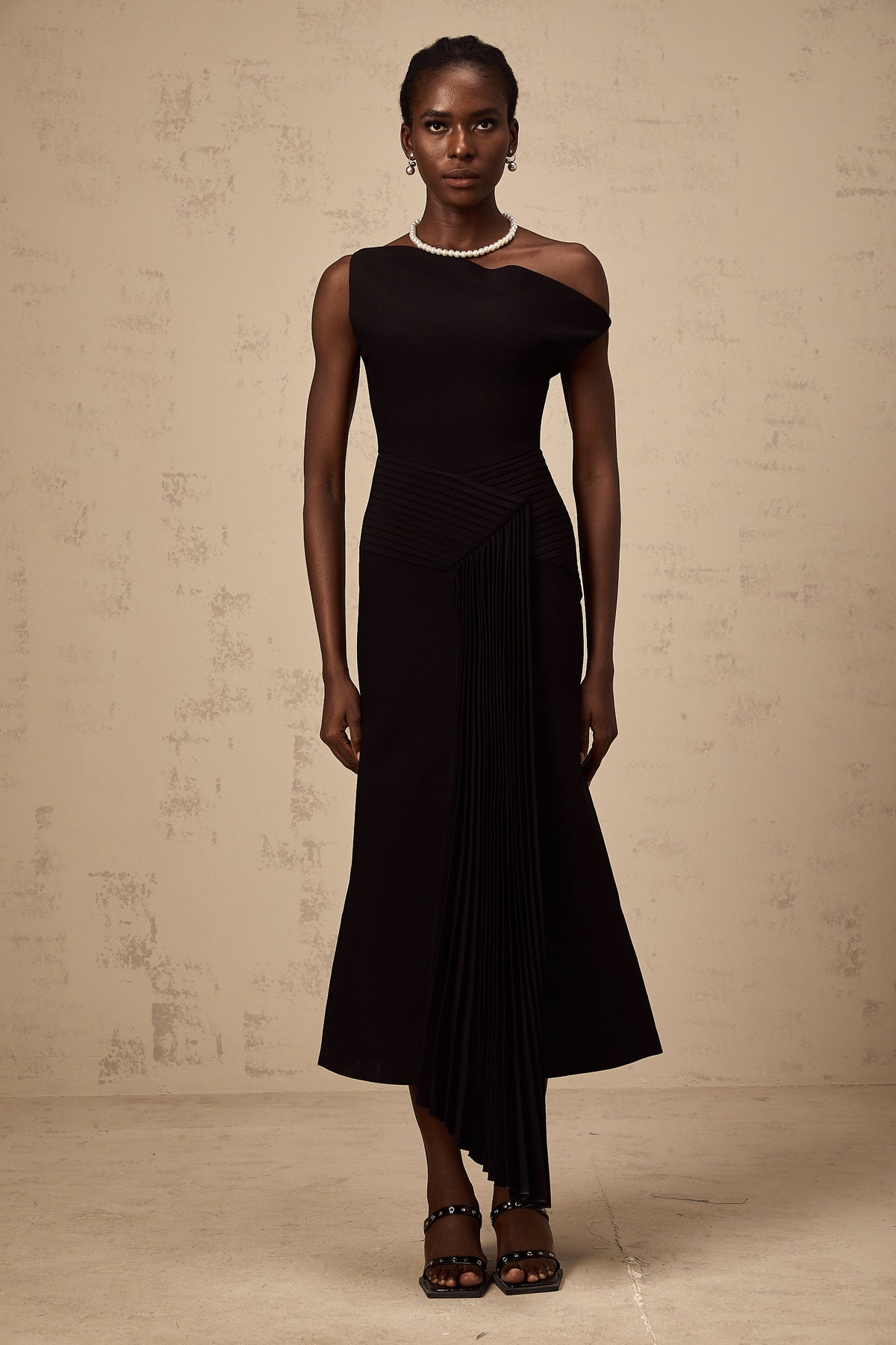 Laurine asymmetrical draped midi dress in Black (Final Sale)