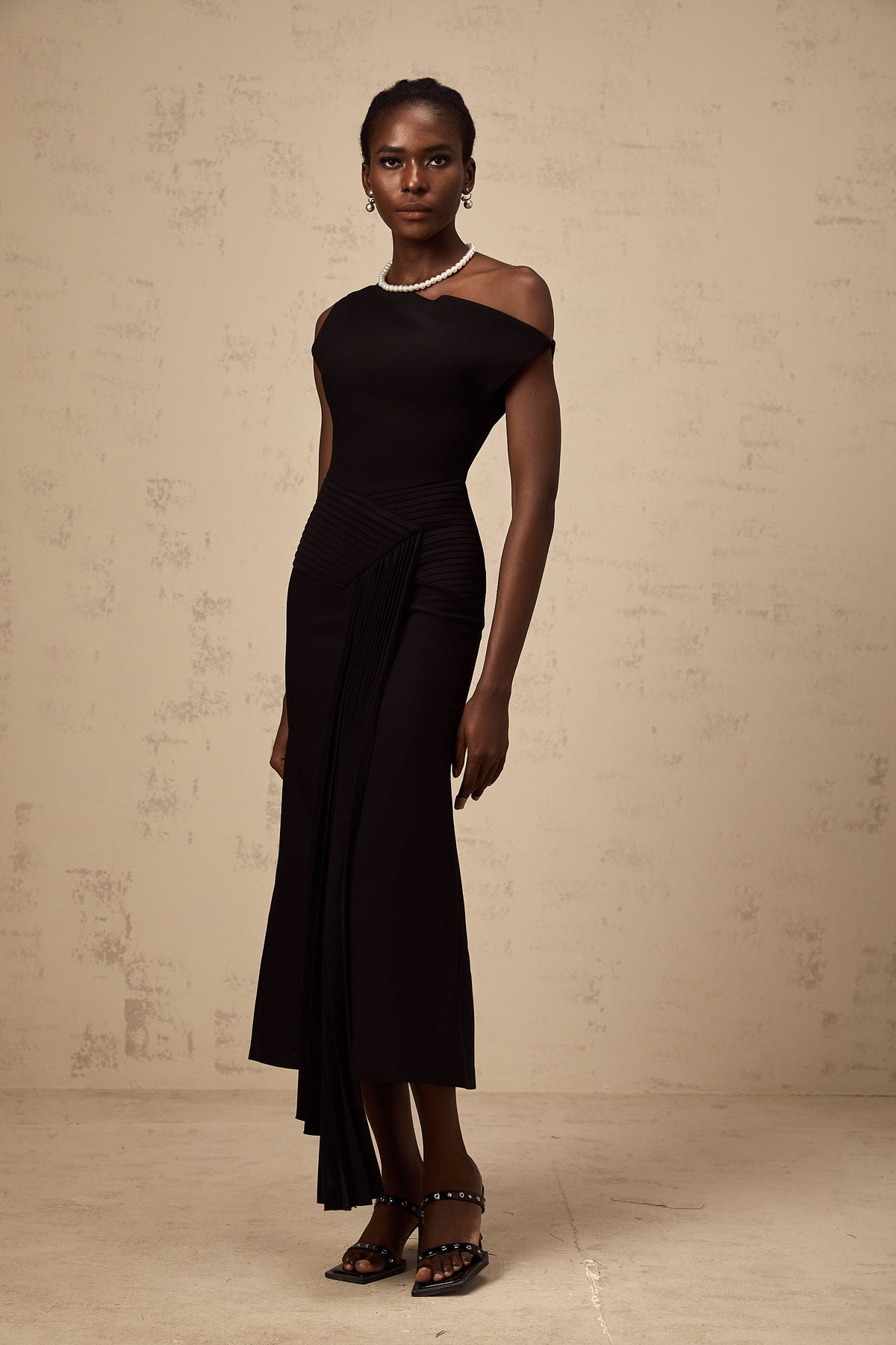 Laurine asymmetrical draped midi dress in Black (Final Sale-US Only)