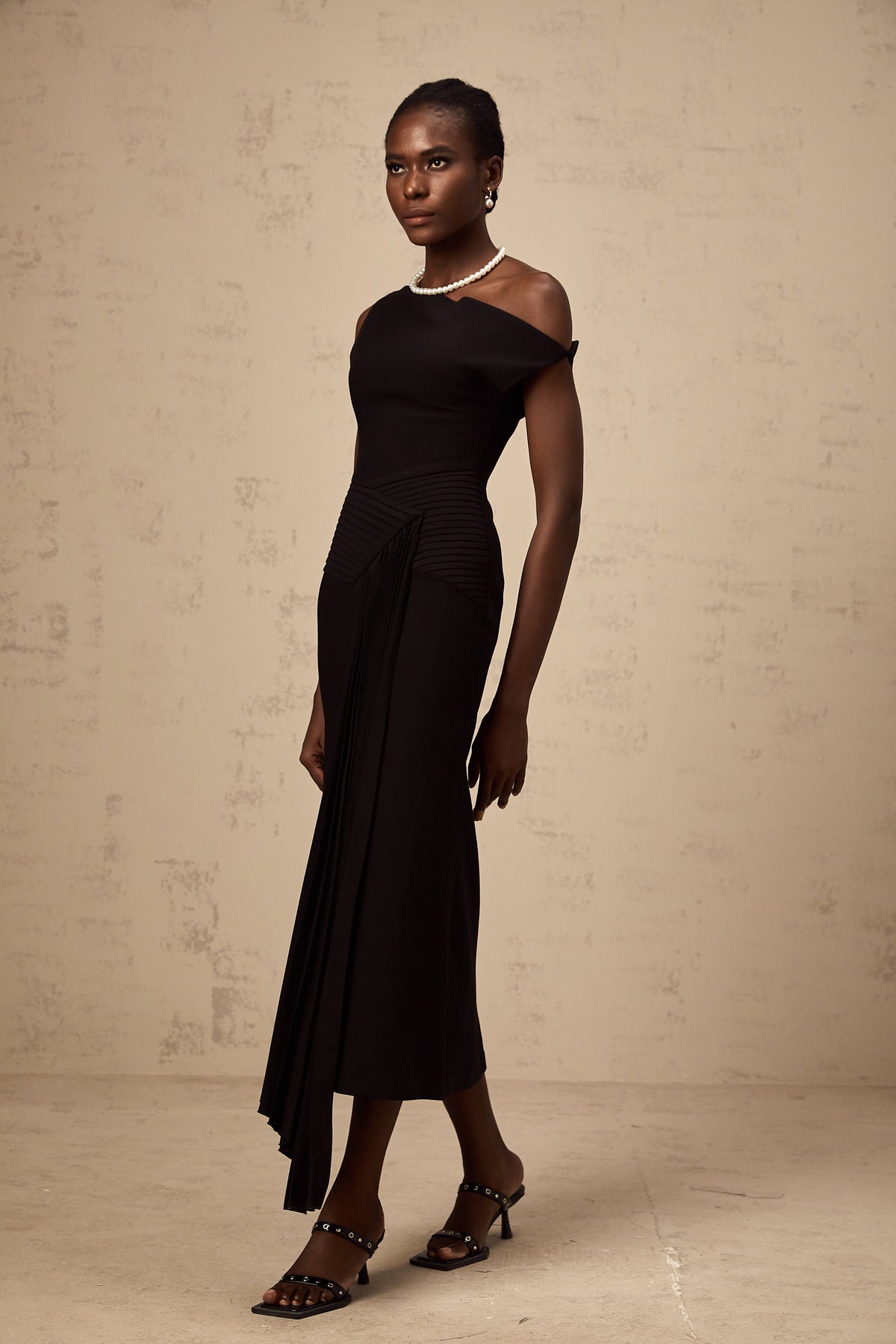Laurine asymmetrical draped midi dress in Black (Final Sale-US Only)