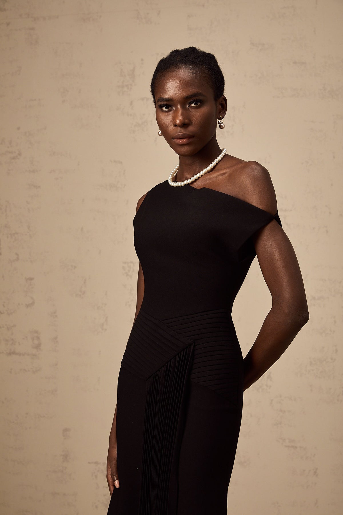 Laurine asymmetrical draped midi dress in Black (Final Sale-US Only)