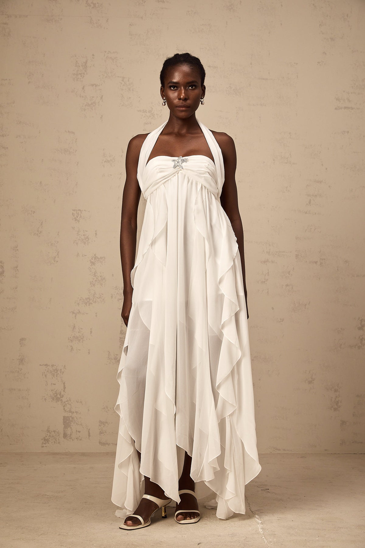 Mariah white chiffon ruffle halter neck maxi dress