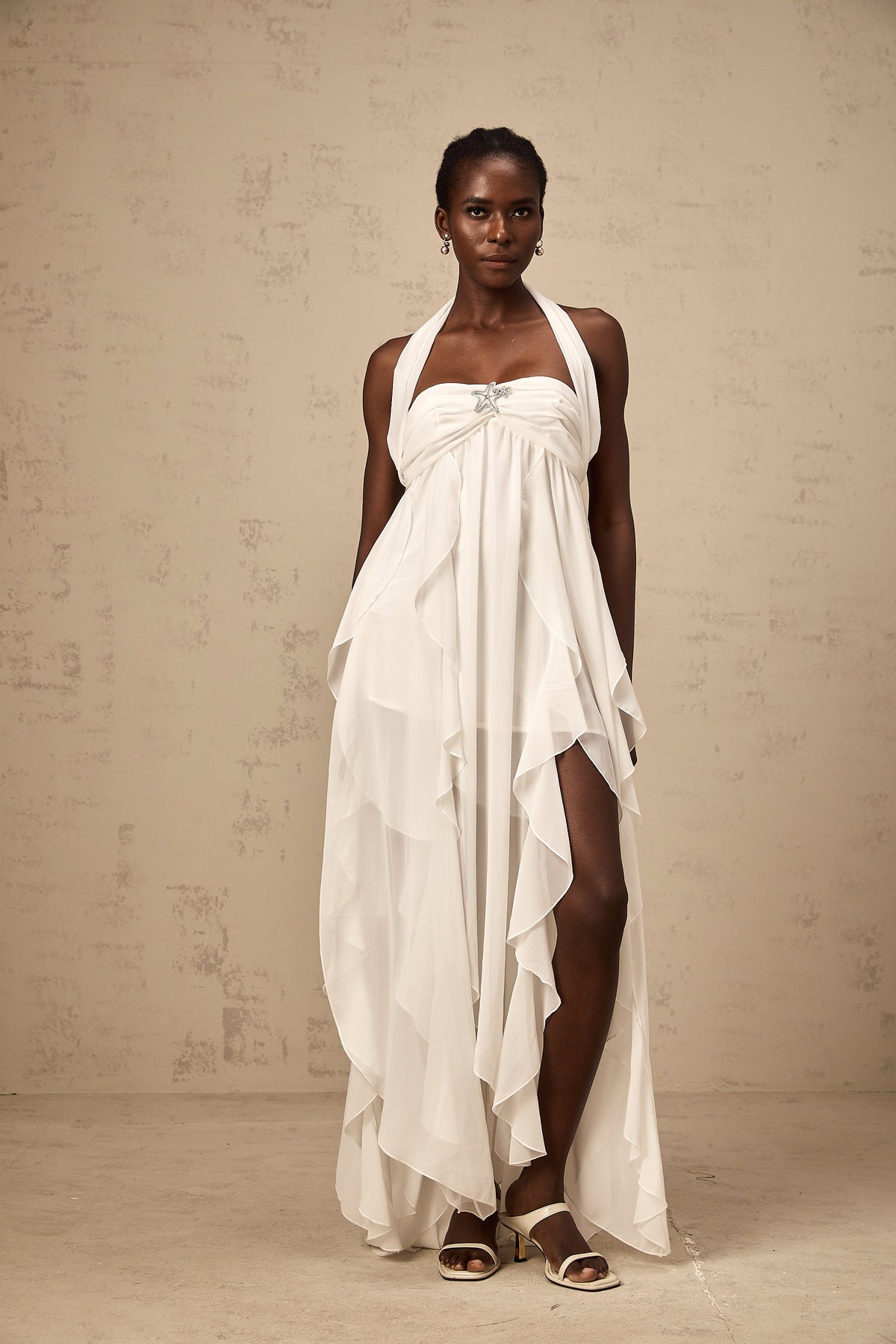 Mariah white chiffon ruffle halter neck maxi dress