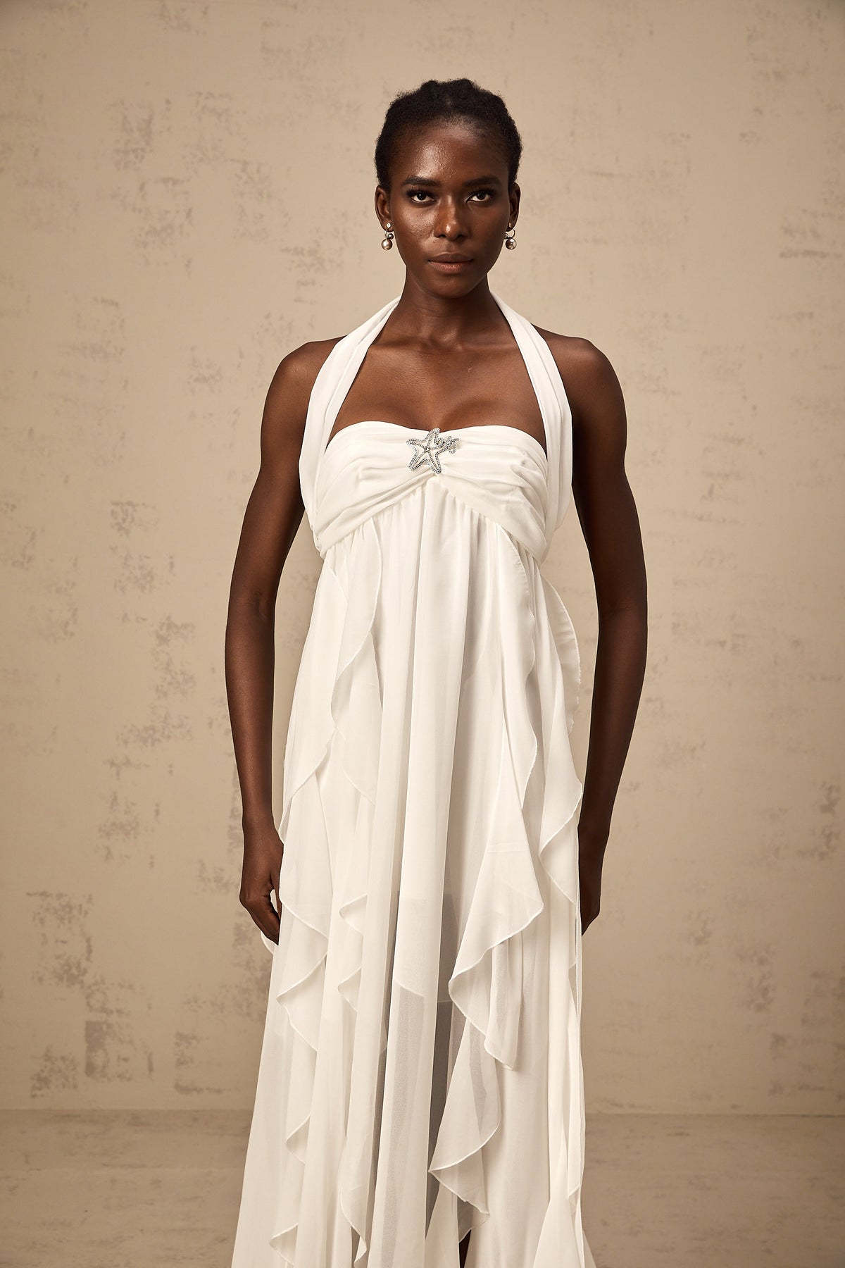 Mariah white chiffon ruffle halter neck maxi dress
