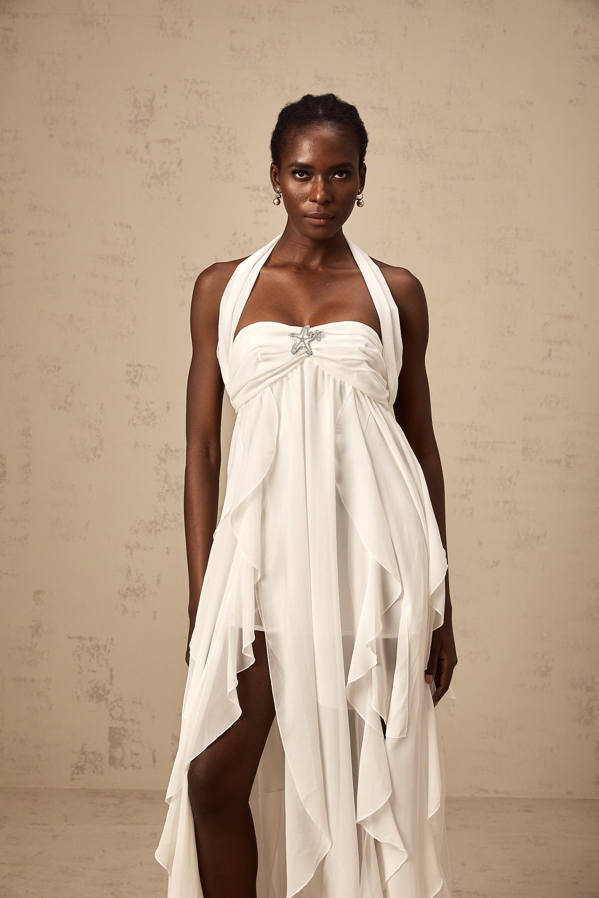 Mariah white chiffon ruffle halter neck maxi dress