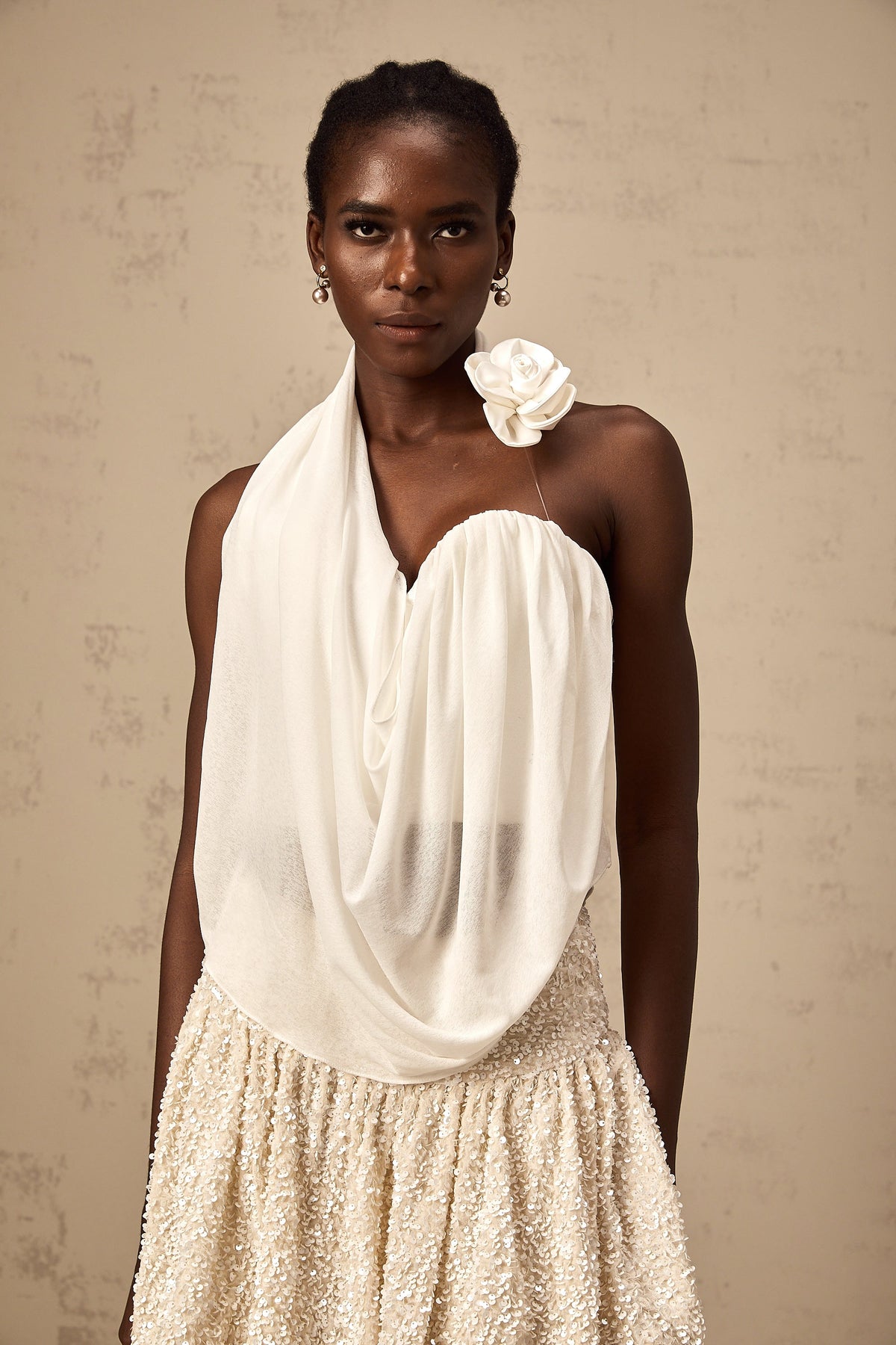 Maeva white halterneck floral-appliqué top