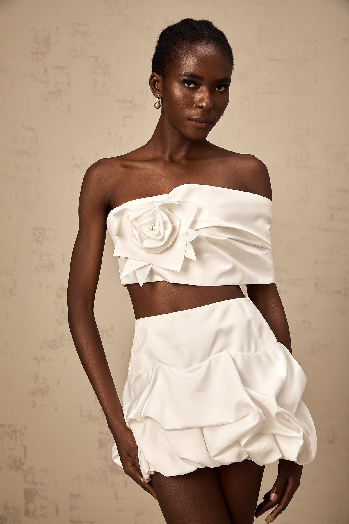 Honorine white floral pleated top & skirt matching set