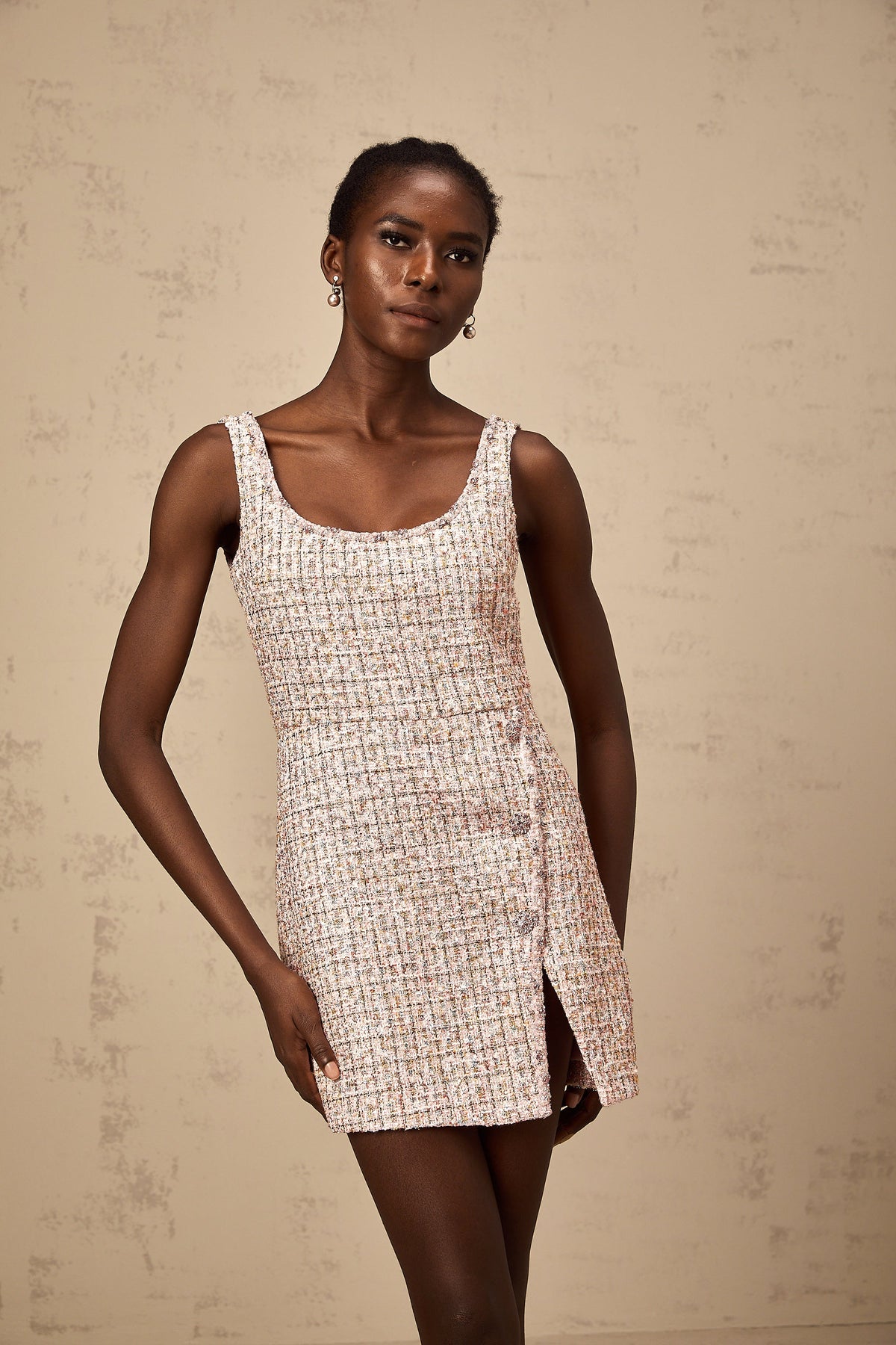 Aoife pink embellished tweed mini dress