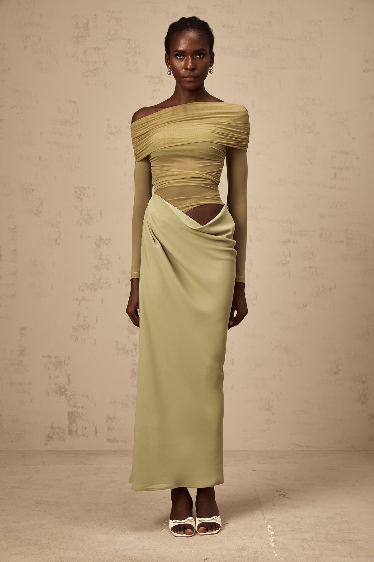 Estelle off-shoulder semi-sheer midi dress in Green