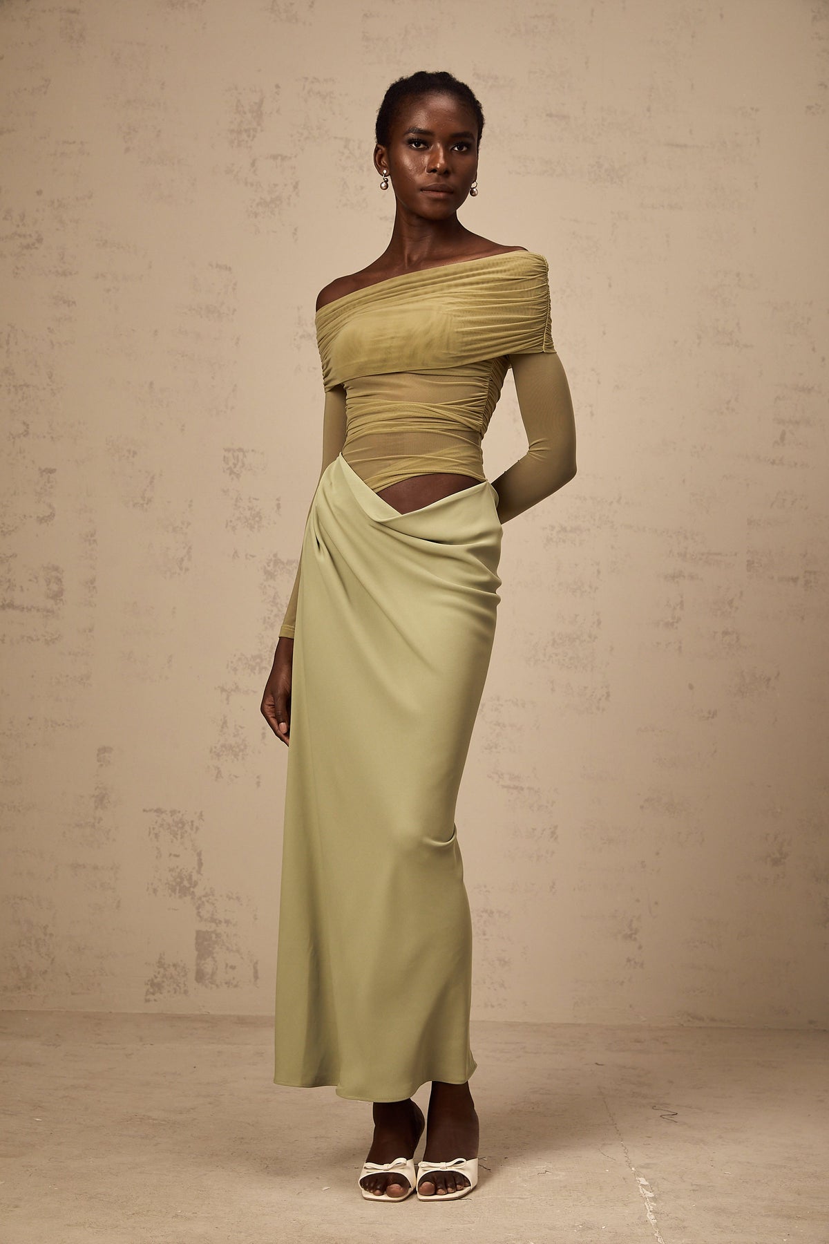 Estelle off-shoulder semi-sheer midi dress in Green (Final Sale-US Only)