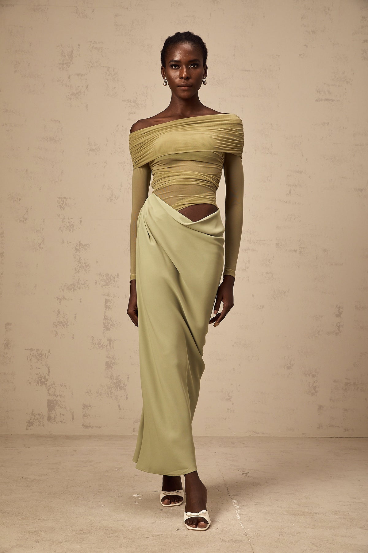 Estelle off-shoulder semi-sheer midi dress in Green