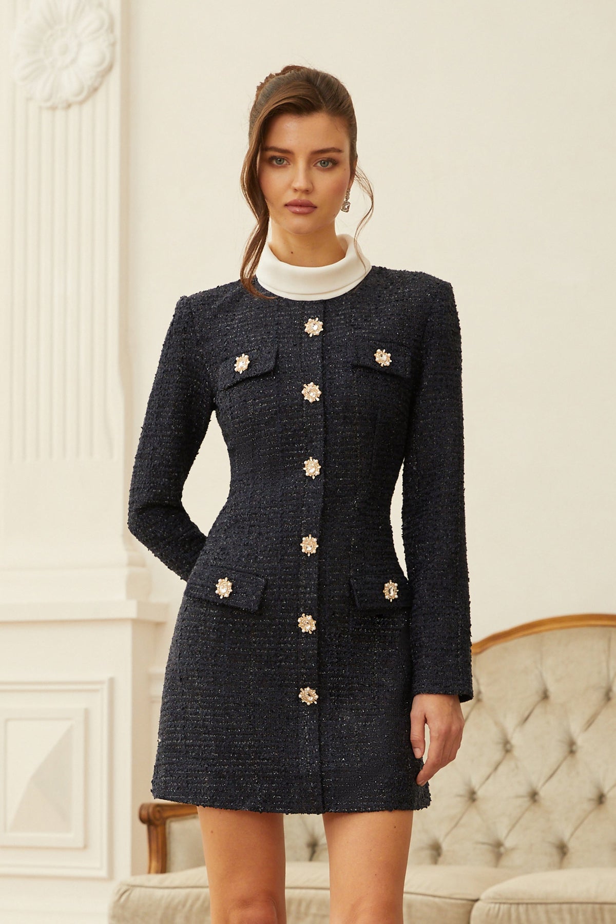 Fiona Navy Blue Embellished Tweed Mini Dress