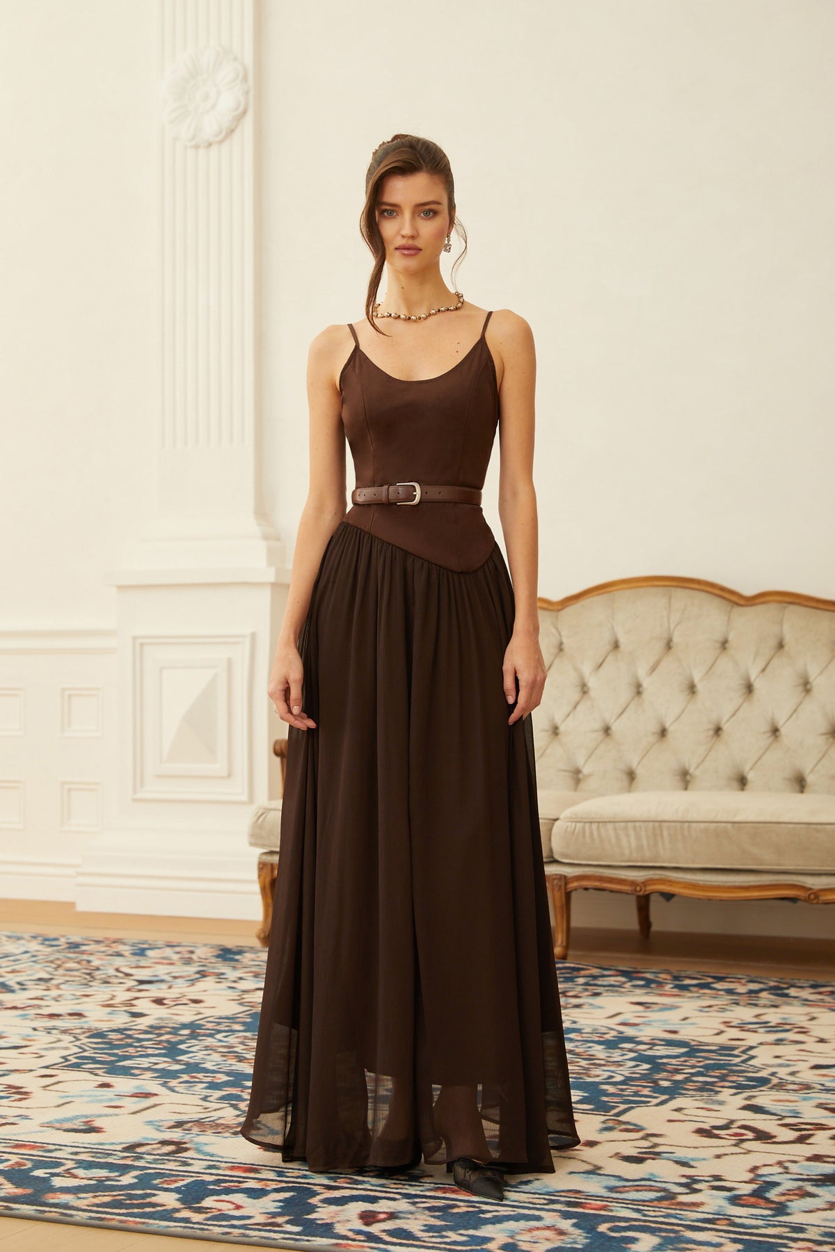 Hedda Brown Chiffon Panel Suede Maxi Dress