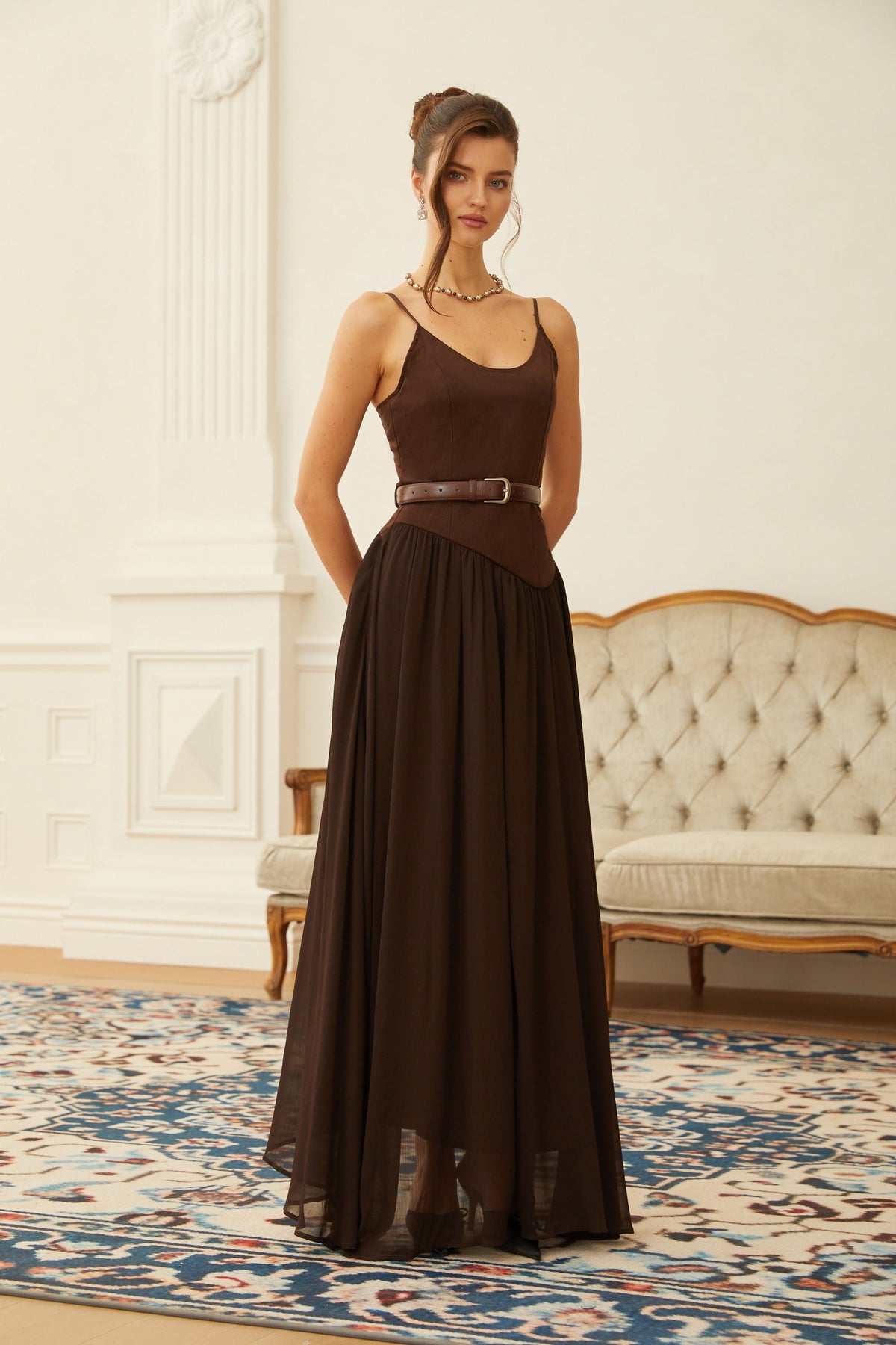 Hedda Brown Chiffon Panel Suede Maxi Dress