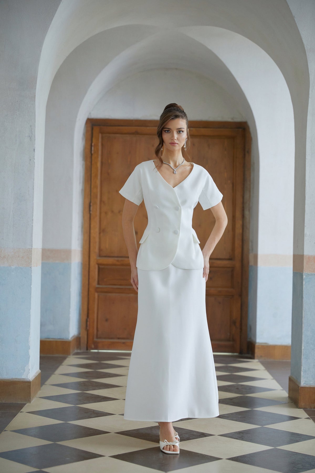 Halsey White Double-Breasted Top & Flared Skirt Set