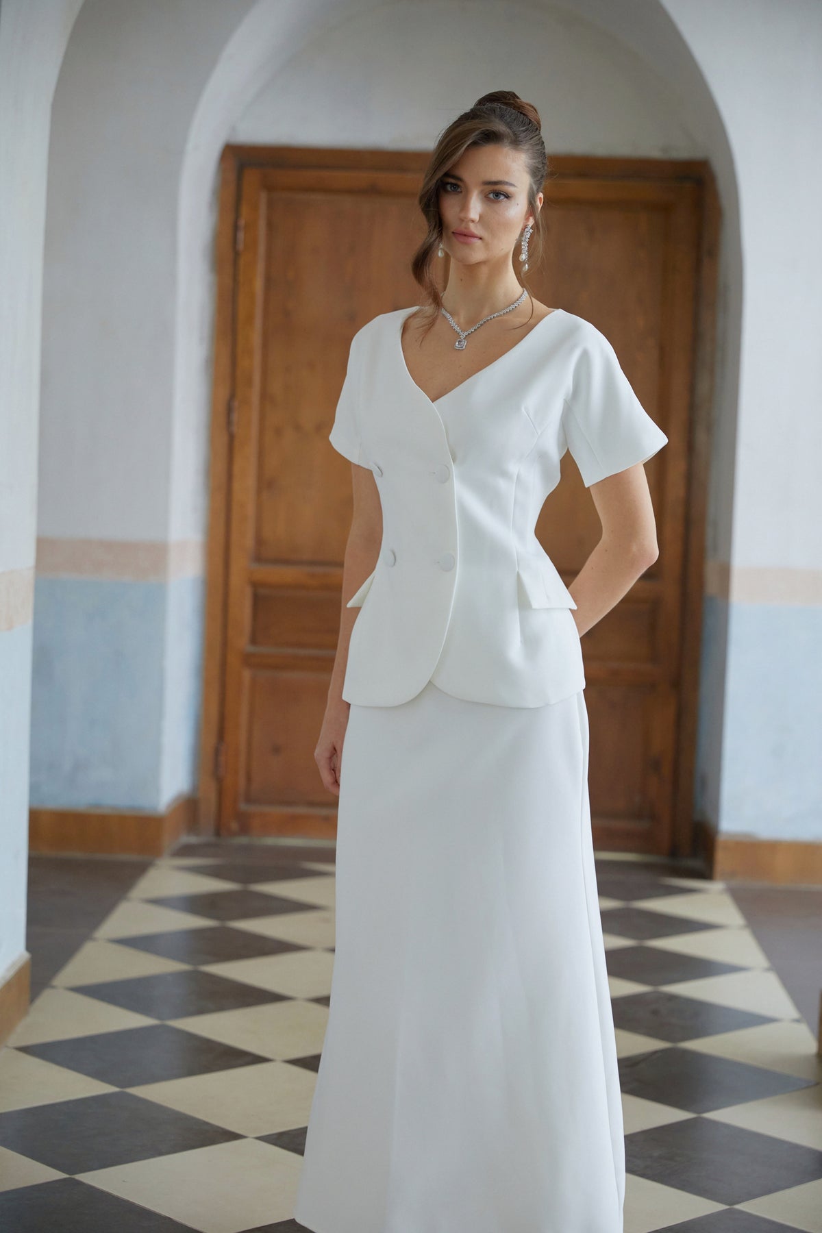 Halsey White Double-Breasted Top & Flared Skirt Set